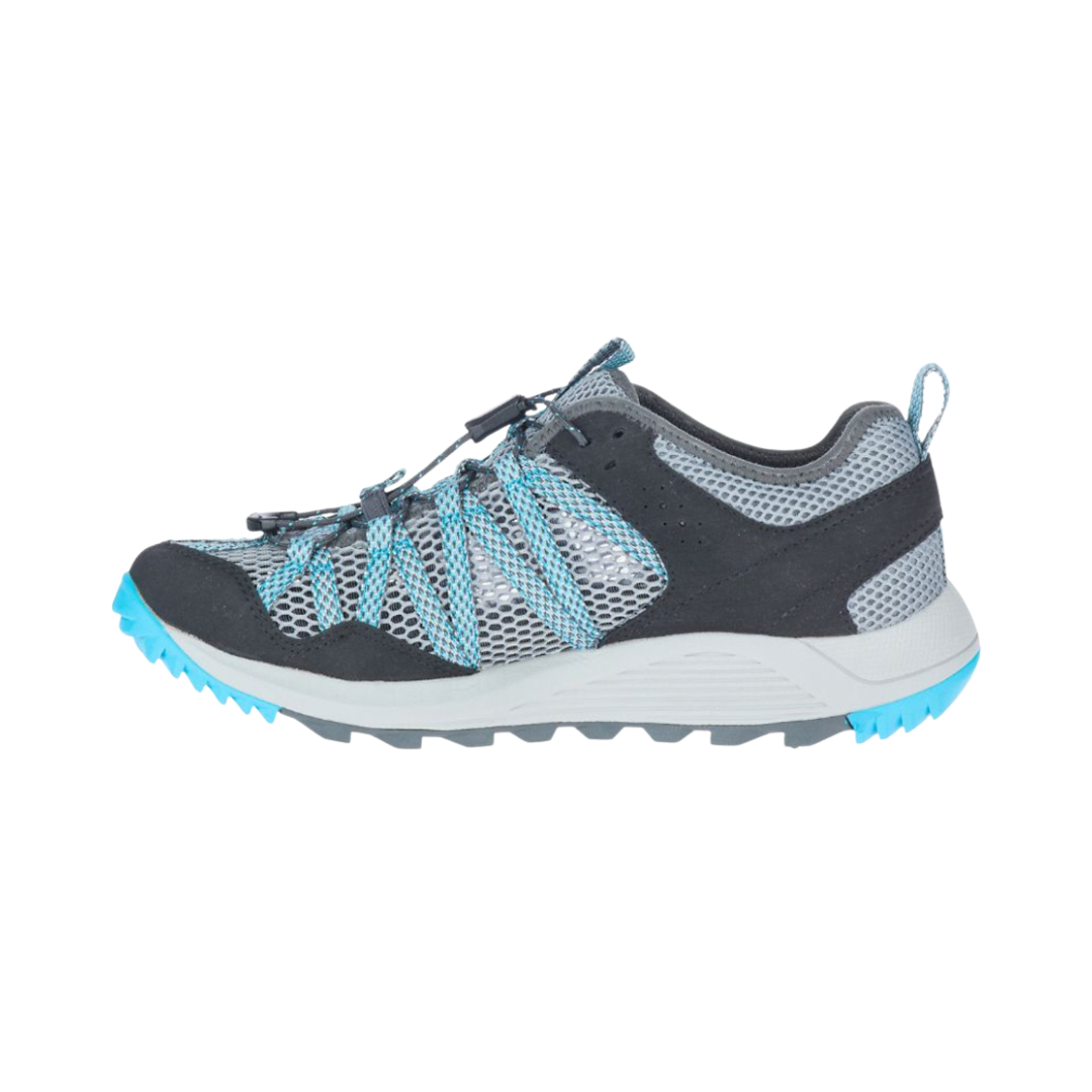 Side view of the Women’s Merrell Wildwood Aerosport in Monument, featuring a breathable synthetic leather and mesh upper with an open, airy design. The shoe includes an elastic cord and lock lacing system, lightweight EVA midsole, and Merrell Air Cushion in the heel for shock absorption and stability—ideal for trails, travel, and warm-weather adventures.