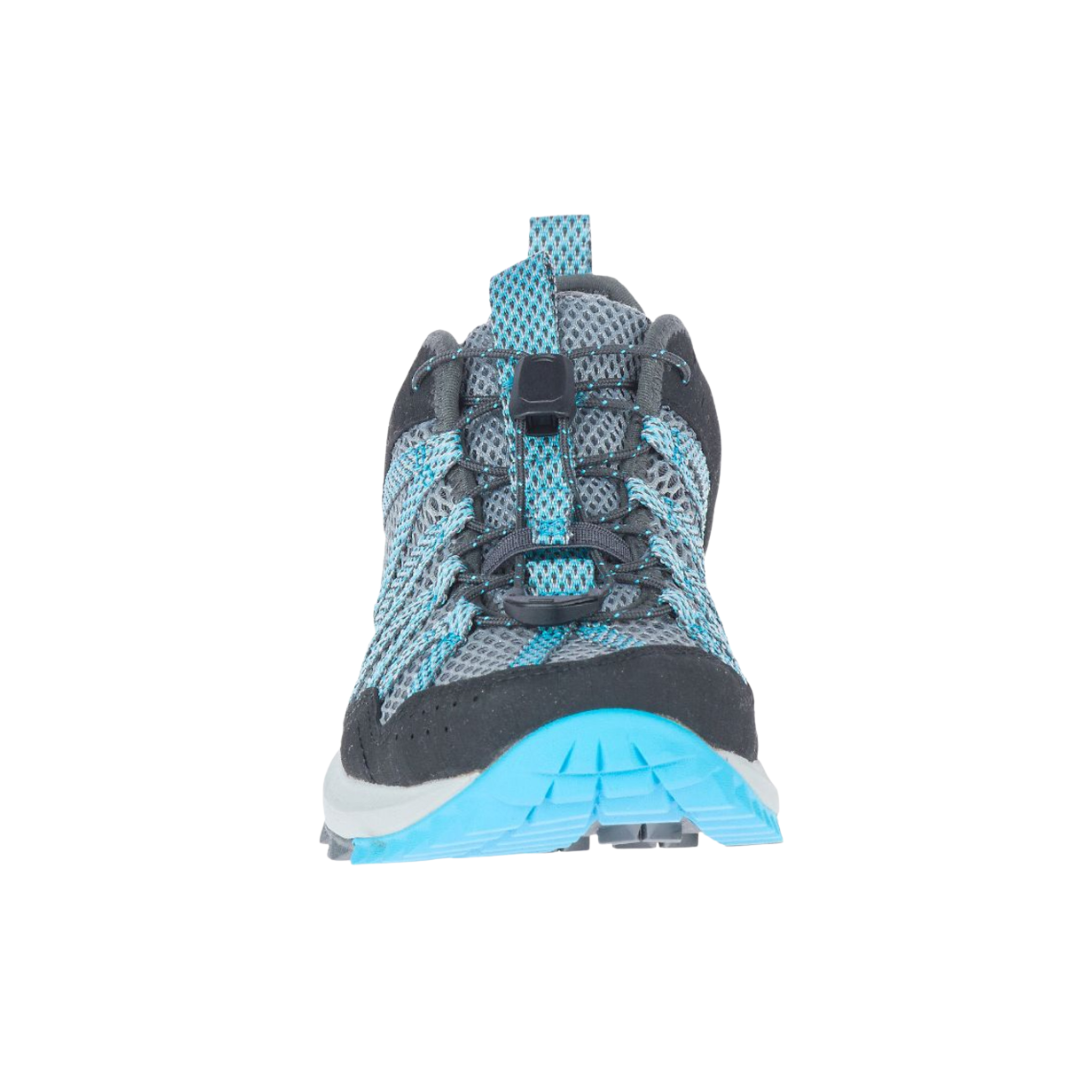 Front view of the Women’s Merrell Wildwood Aerosport in Monument, featuring a breathable synthetic leather and mesh upper with an open, airy design. The shoe includes an elastic cord and lock lacing system, lightweight EVA midsole, and Merrell Air Cushion in the heel for shock absorption and stability—ideal for trails, travel, and warm-weather adventures.