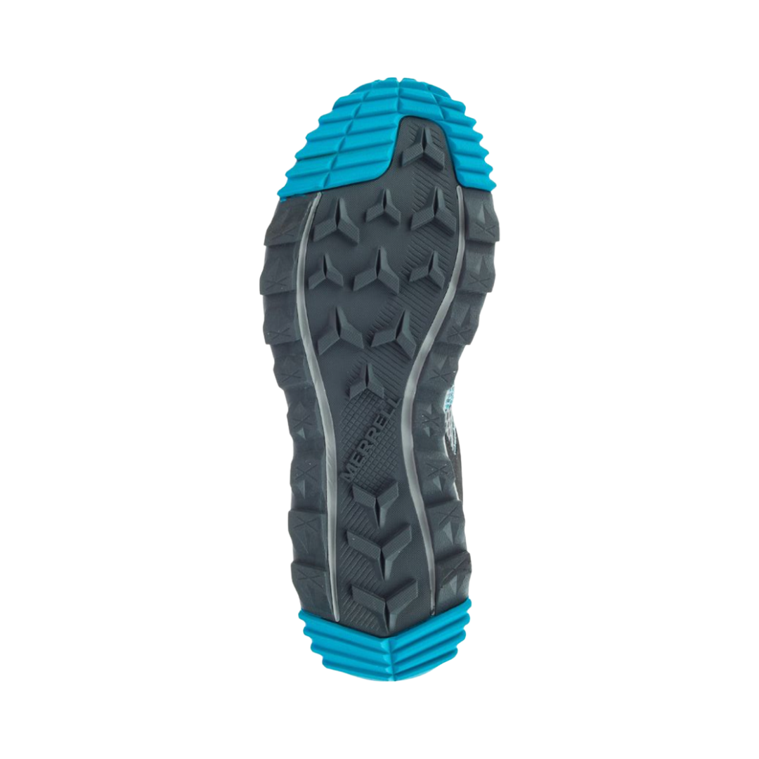 Bottom view of the Women’s Merrell Wildwood Aerosport in Monument, showing the sticky rubber outsole with a multi-directional traction pattern designed for grip on trails, gravel, and mixed terrain. Built for dependable stability during outdoor activities and warm-weather exploration.