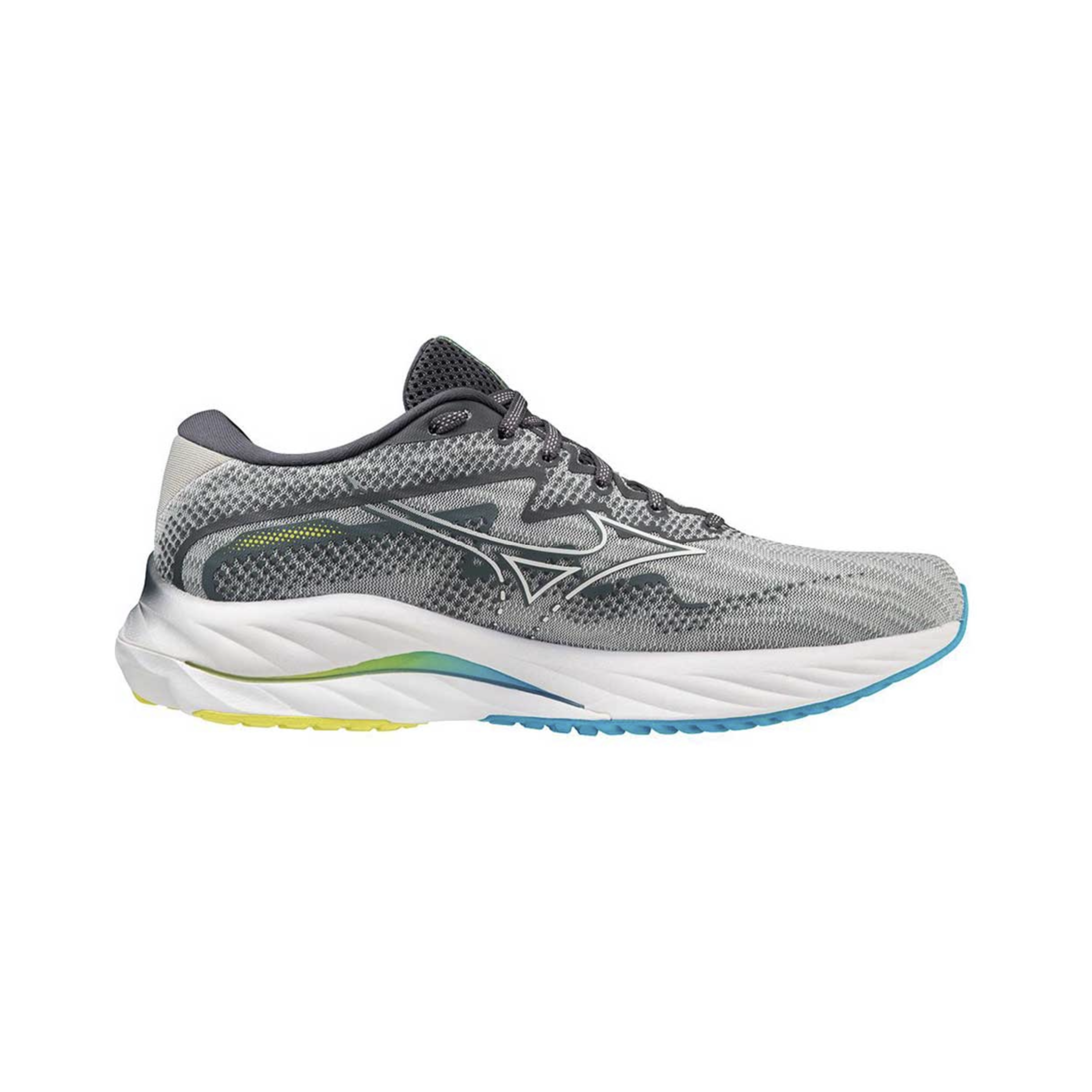 Side view of Men’s Wave Rider 27 running shoe in pearl blue and white – featuring an updated Enerzy midsole for softer cushioning, redesigned wave plate for smoother transitions, and engineered mesh upper for breathable structure and improved fit.