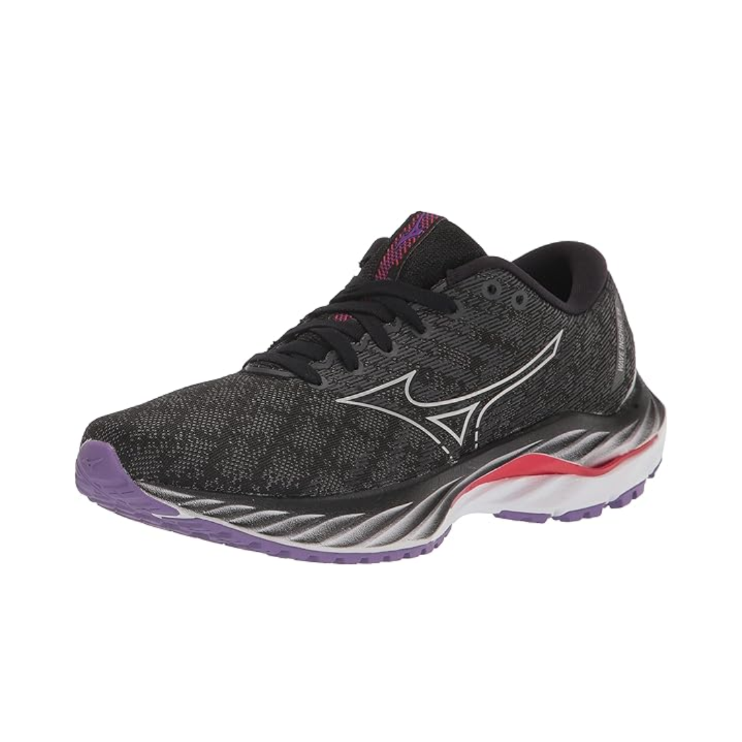 Angled view of Women’s Wave Inspire 19 running shoe in black, silver, and red – featuring a sleek support-focused silhouette, dual-density midsole for overpronation control, and lightweight construction ideal for daily training.