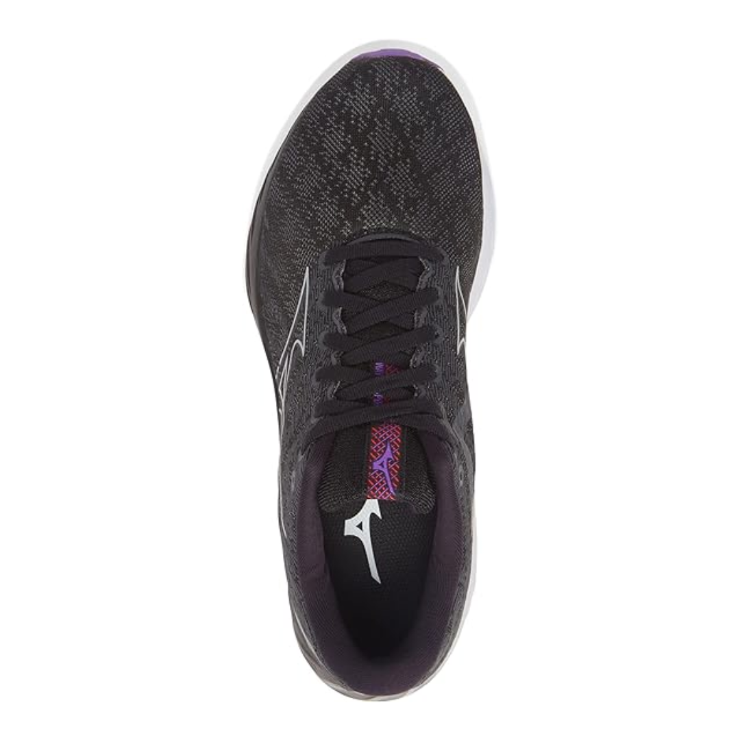 Top view of Women’s Wave Inspire 19 running shoe in black, silver, and red – featuring a breathable mesh toe box with support overlays, padded tongue with lace loop to prevent shifting, and soft moisture-wicking lining for dry comfort.