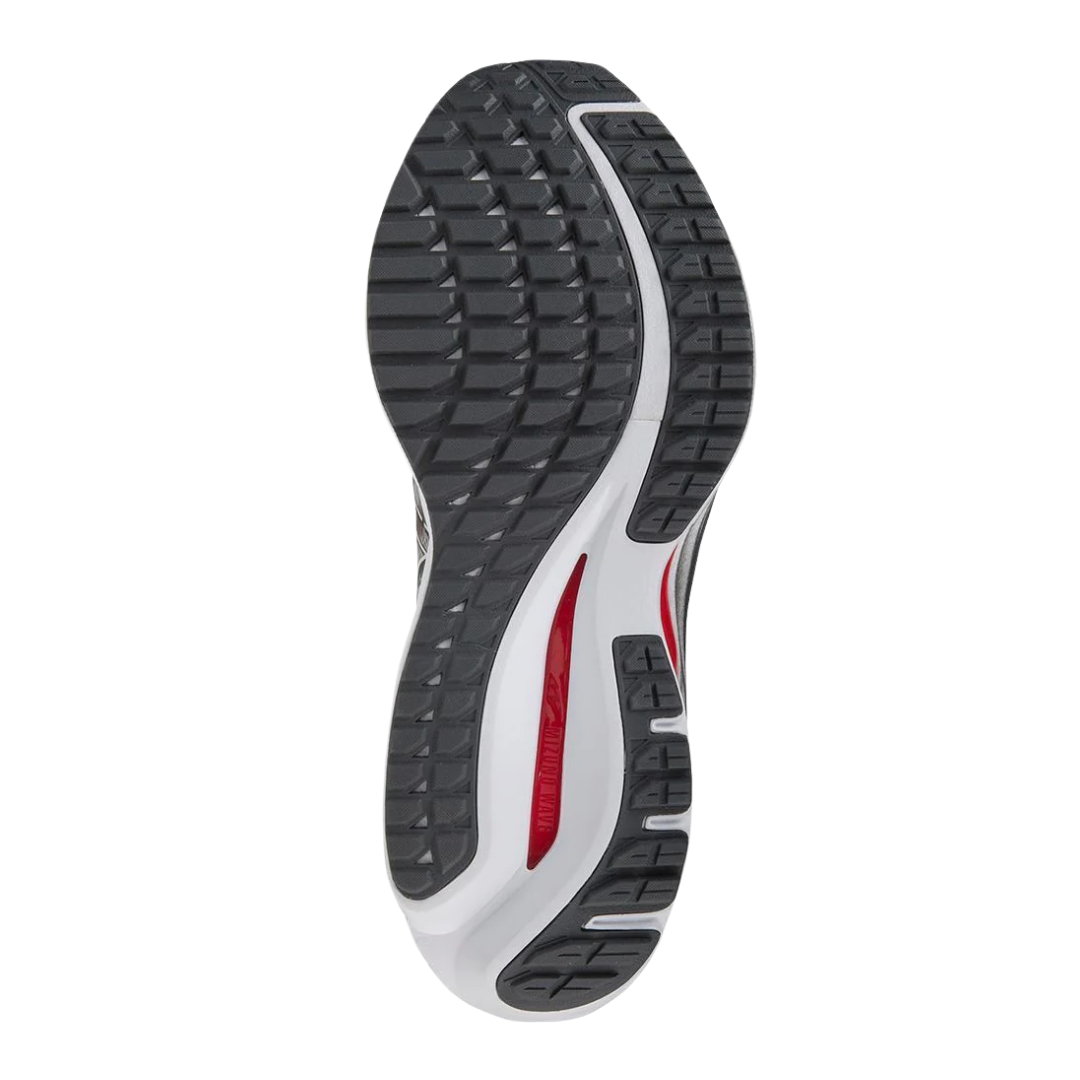 Bottom view of Men’s Wave Inspire 19 running shoe in grey, white, and red – featuring a durable X10 carbon rubber outsole, strategically placed flex grooves for improved flexibility, and full-length ground contact for smoother heel-to-toe transitions.