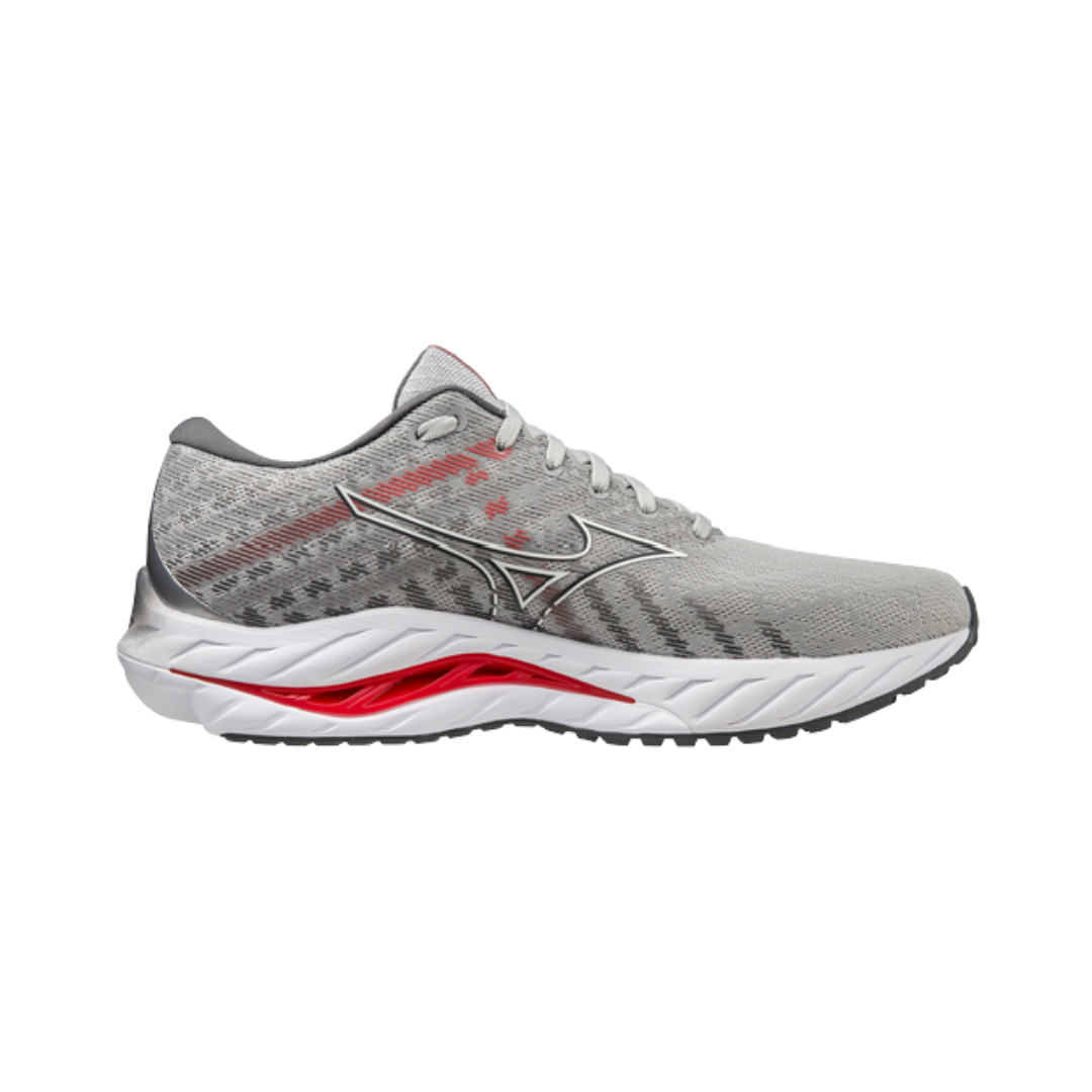 Side view of Men’s Wave Inspire 19 running shoe in grey, white, and red – featuring a dual-density Enerzy foam midsole for responsive cushioning, anatomical wave plate for stability and support, and engineered mesh upper for breathable structure.