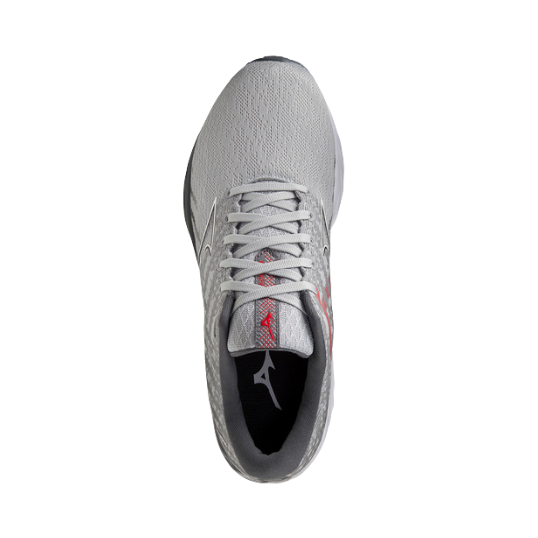 Top view of Men’s Mizuno Wave Inspire 19 running shoe in grey/white/red – featuring a ventilated mesh tongue and collar, secure lace‑up design, and contouring that provides arch and midfoot support.