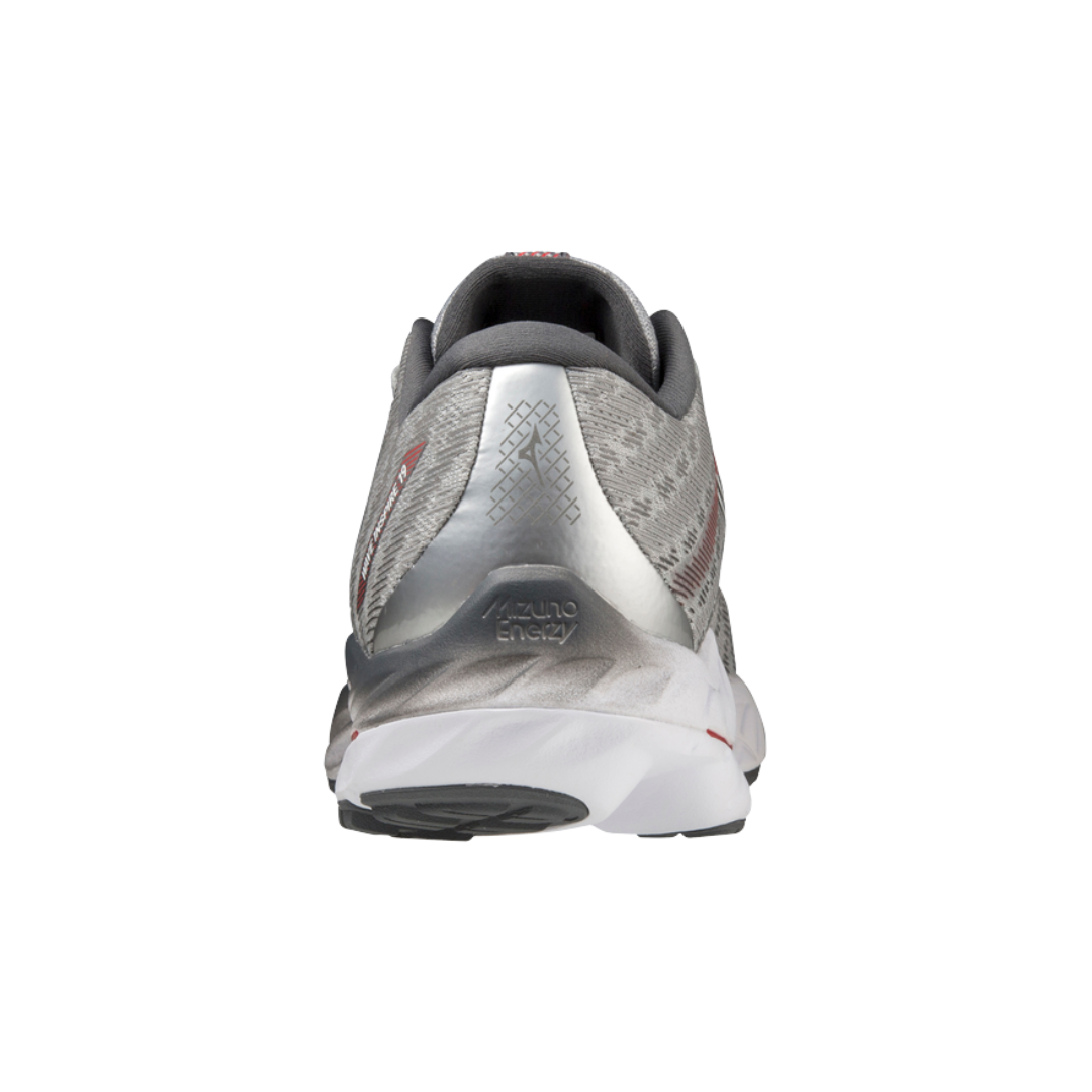 Back view of Men’s Mizuno Wave Inspire 19 running shoe in grey/white/red – featuring a padded heel collar, red heel accent with reflective strip for visibility, and a stable heel counter to support overpronation.