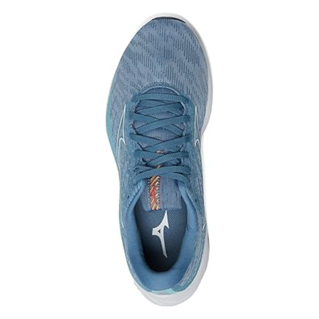 Top view of Women’s Wave Rider 26 running shoe in mountain spring and white – featuring a padded tongue and collar for comfort, structured mesh toe box for airflow, and secure lace-up closure for customized fit.