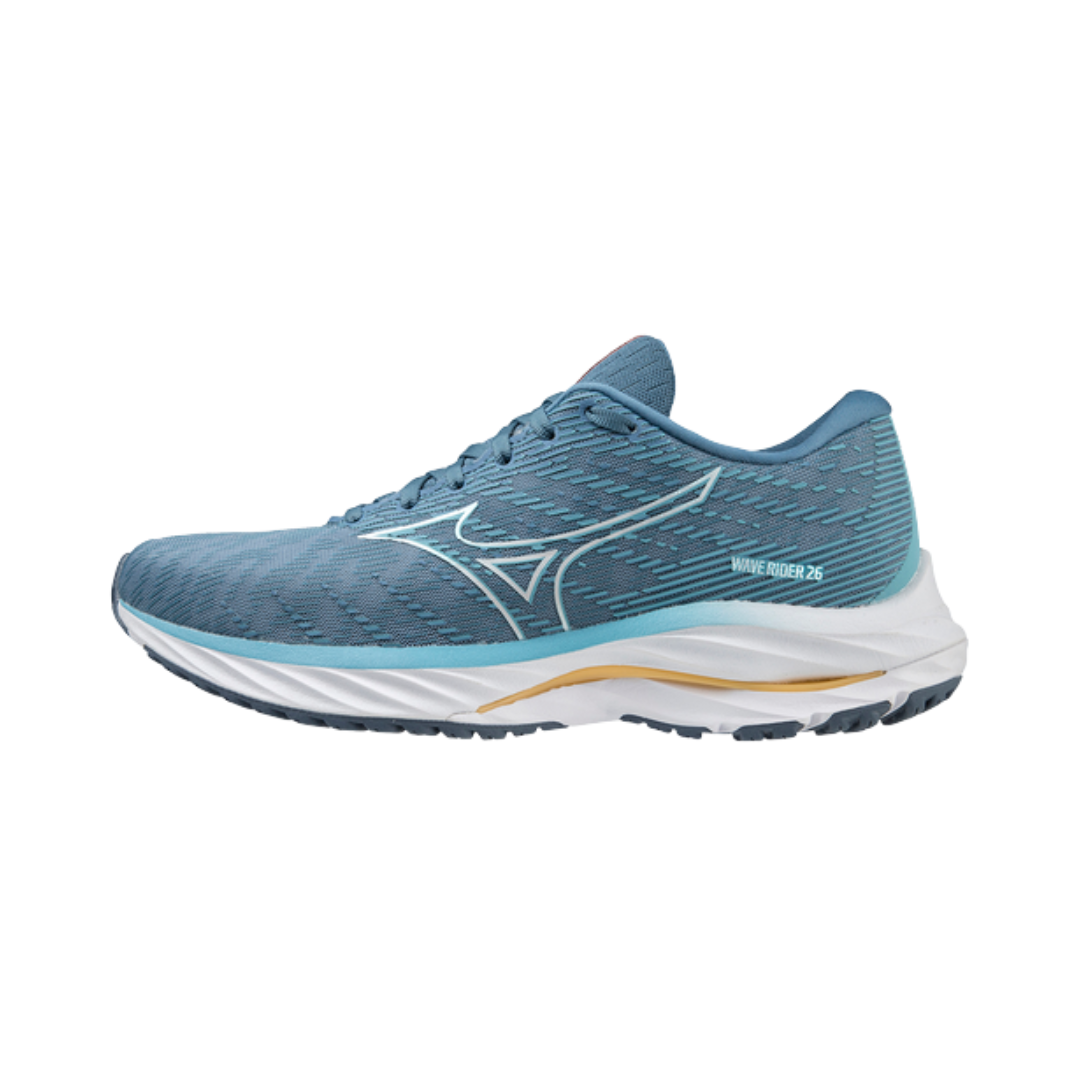 Side view of Women’s Wave Rider 26 running shoe in mountain spring and white – featuring a full-length Enerzy midsole for enhanced cushioning, wave plate technology for smooth transitions, and engineered mesh upper for breathable support.
