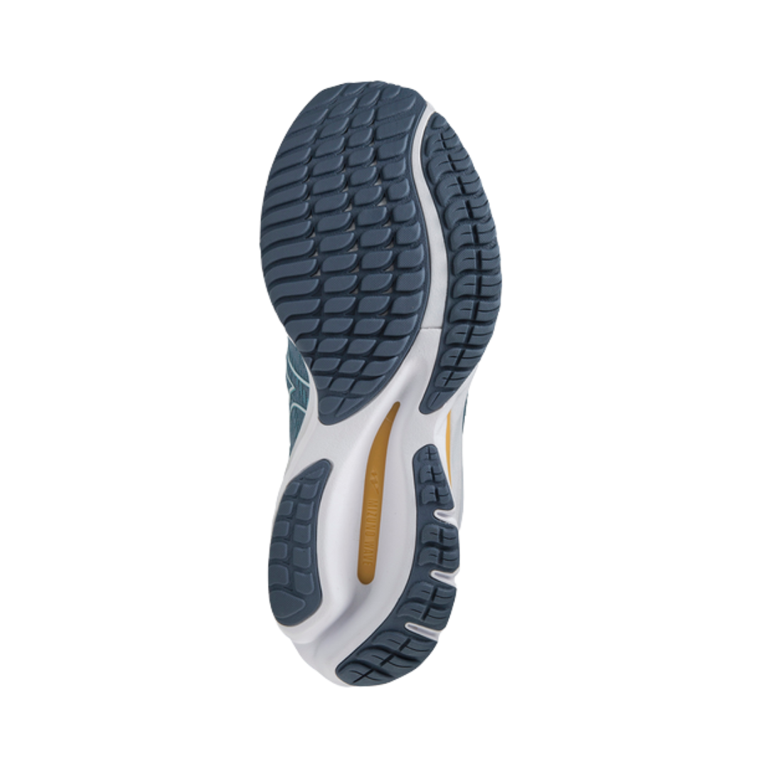 Bottom View of Men’s Mizuno Wave Rider 26 running shoe in odyssey grey/metallic grey – featuring a durable rubber outsole with strategic flex grooves for traction, and Wave‑shaped grip zones for stability on varied surfaces.