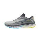 Side view of Men’s Wave Rider 27 running shoe in pearl blue and white – featuring an updated Enerzy midsole for softer cushioning, redesigned wave plate for smoother transitions, and engineered mesh upper for breathable structure and improved fit.