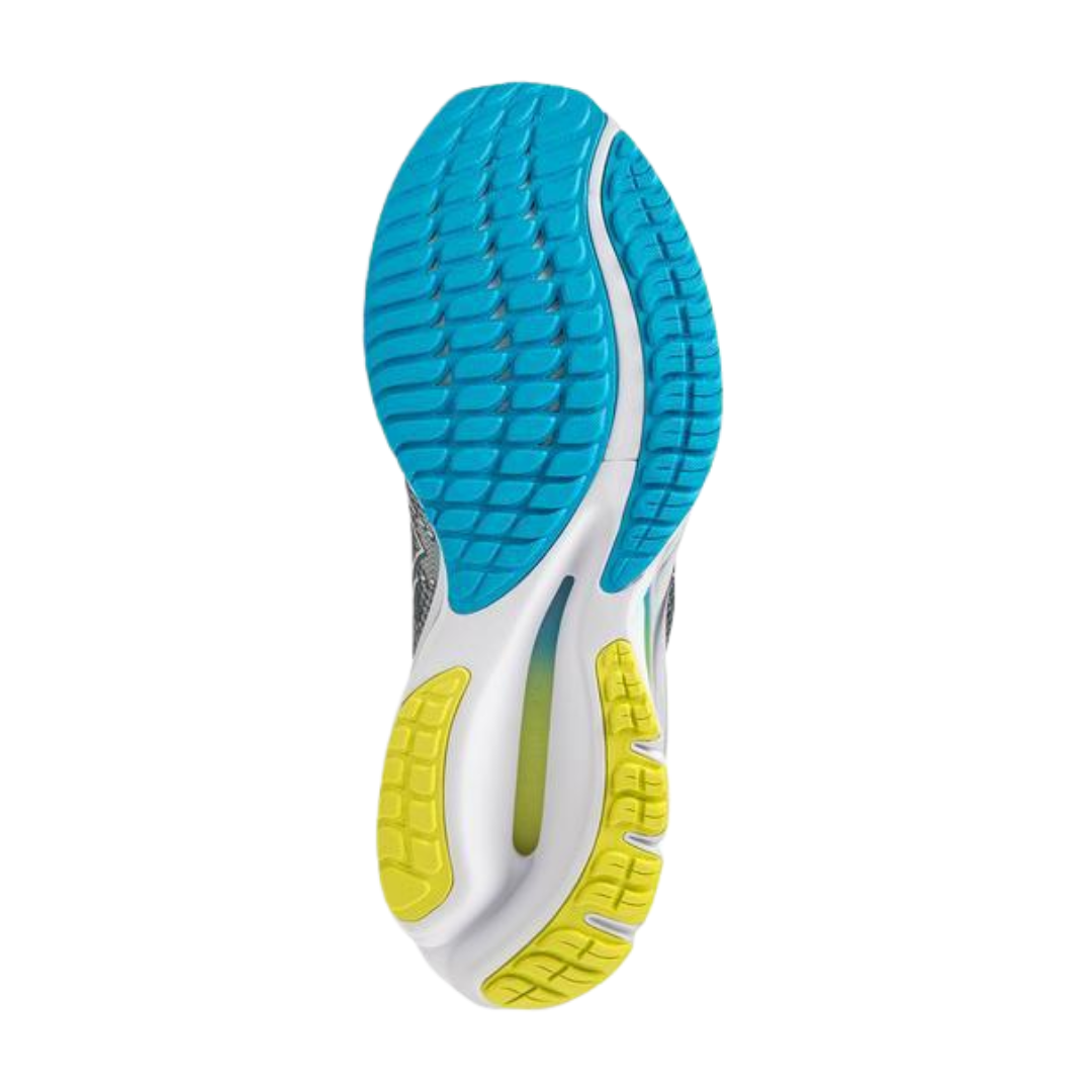 Bottom view of Men’s Wave Rider 27 running shoe in pearl blue and white – featuring a full-contact X10 rubber outsole for enhanced durability, strategically placed flex grooves for natural movement, and segmented design for balanced ride stability.