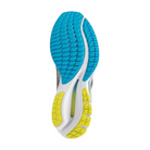 Bottom view of Men’s Wave Rider 27 running shoe in pearl blue and white – featuring a full-contact X10 rubber outsole for enhanced durability, strategically placed flex grooves for natural movement, and segmented design for balanced ride stability.