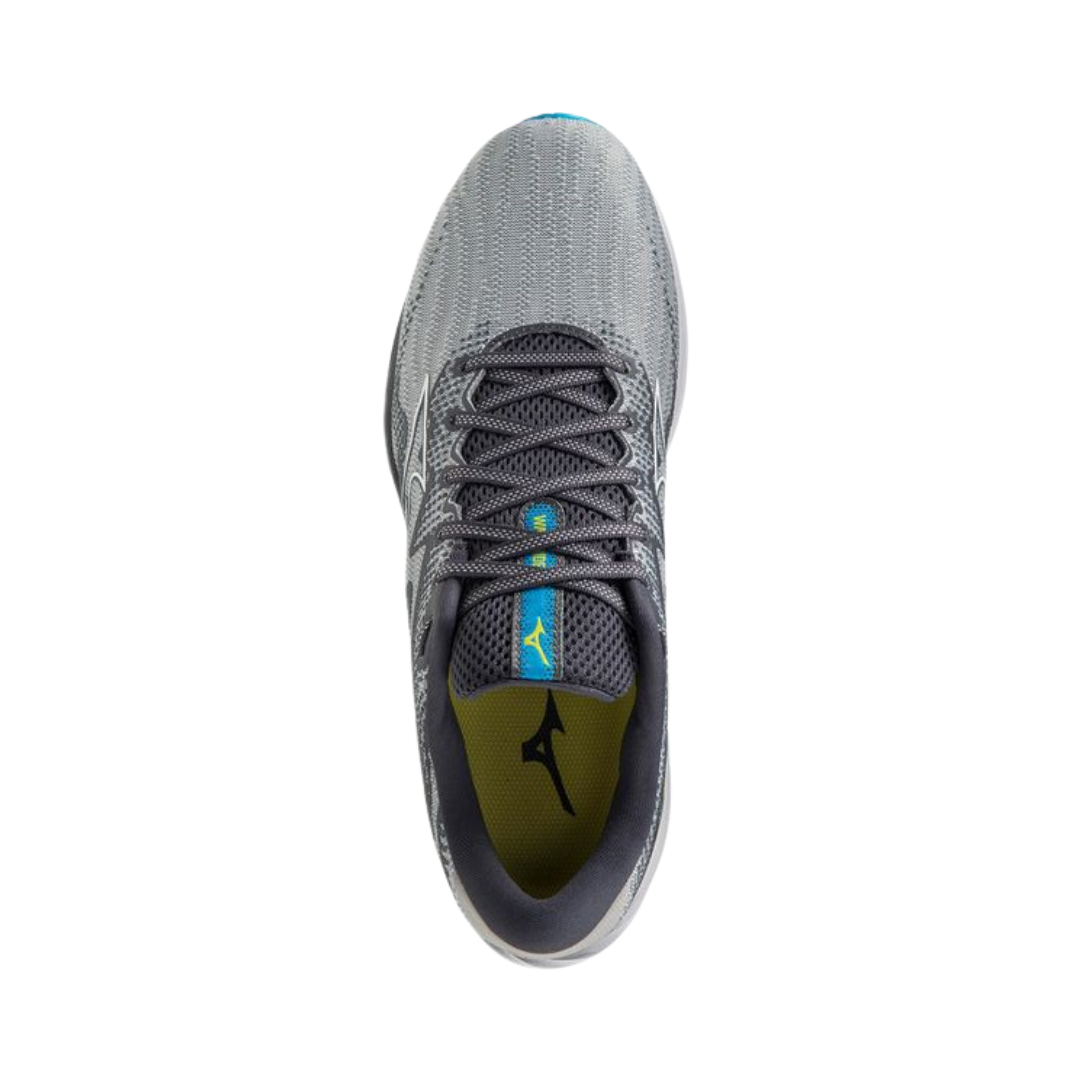 Top view of Men’s Mizuno Wave Rider 27 running shoe in pearl blue/white – showing the padded tongue, lace‑up closure, ventilated upper, and curved shape that supports natural foot motion.