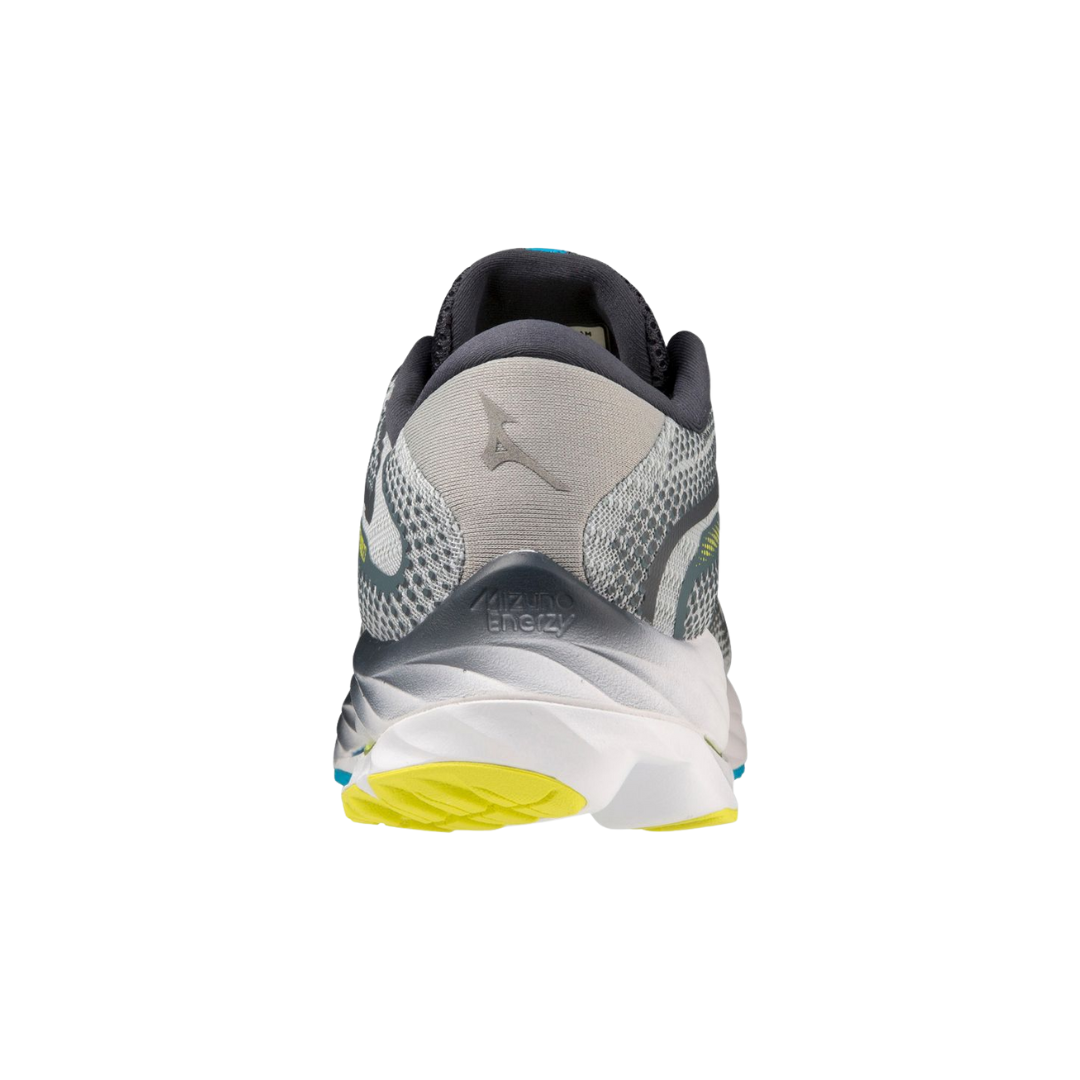 Back view of Men’s Mizuno Wave Rider 27 running shoe in pearl blue/white – highlighting the padded heel collar, sturdy heel counter, and reflective accents for visibility on low‑light runs.