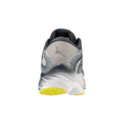 Back view of Men’s Mizuno Wave Rider 27 running shoe in pearl blue/white – highlighting the padded heel collar, sturdy heel counter, and reflective accents for visibility on low‑light runs.