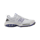 Side view of Women’s New Balance 806 athletic shoe in white and purple – featuring a breathable mesh upper, supportive midsole cushioning, durable outsole with traction, and sleek styling combining comfort and performance.
