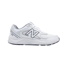 Side View of Men’s New Balance 840v2 running shoe in white with navy and grey – featuring ABZORB cushioning in the midsole, leather and mesh overlay design, and supportive heel counter.