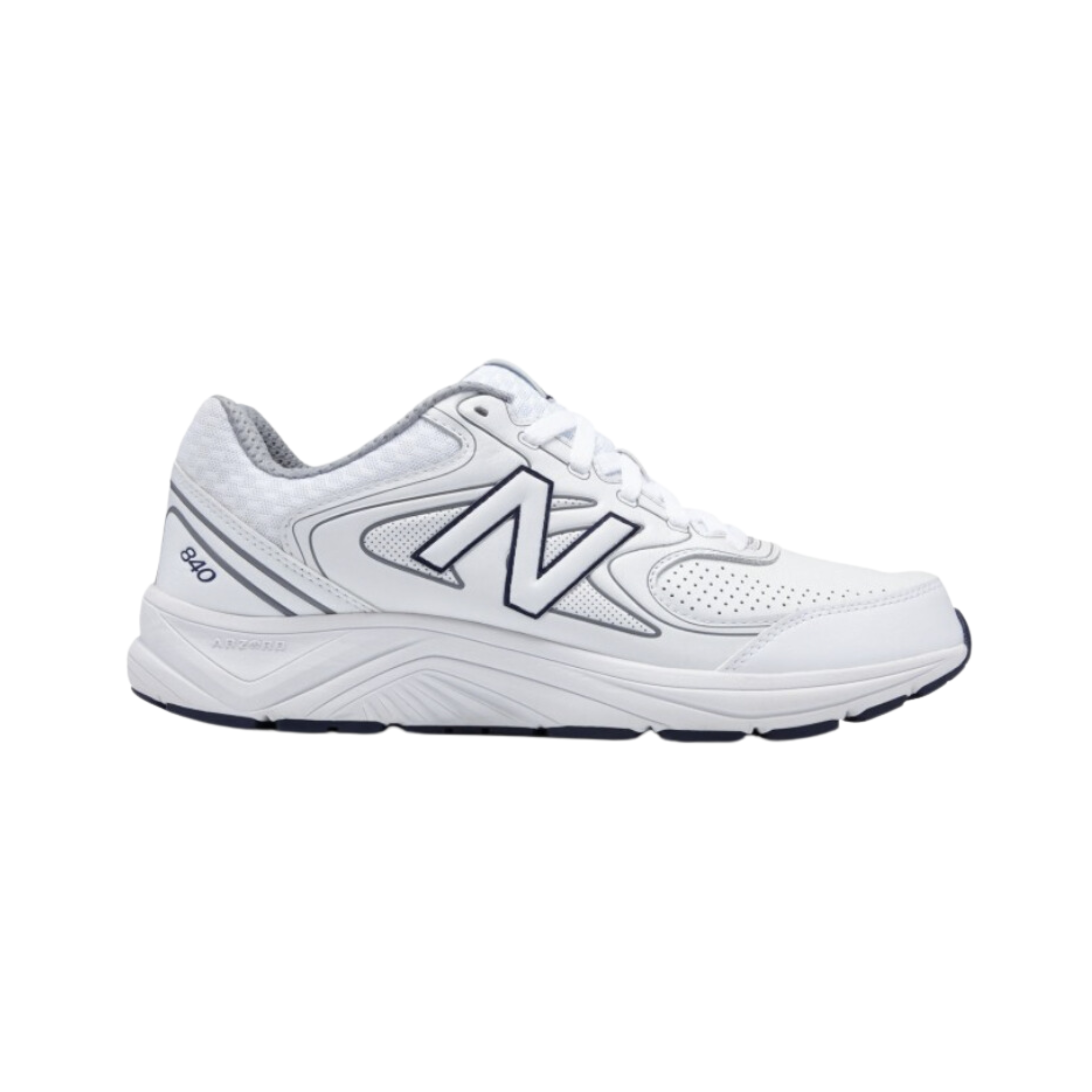 Side View of Men’s New Balance 840v2 running shoe in white with navy and grey – featuring ABZORB cushioning in the midsole, leather and mesh overlay design, and supportive heel counter.