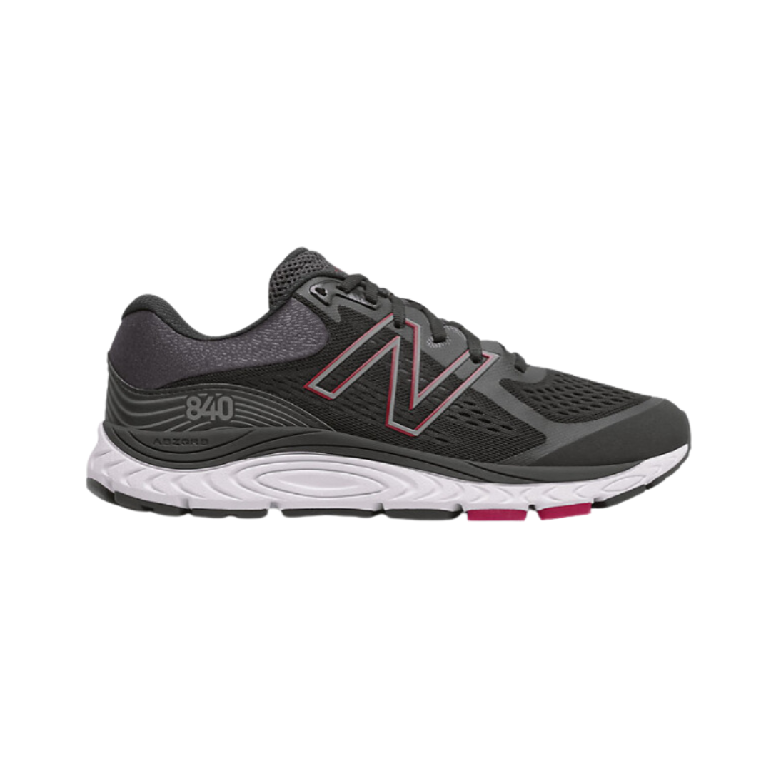 Side view of Men's New Balance 840v5 athletic shoe in black, red, grey, and white – featuring mesh upper with durable synthetic overlays, cushioned midsole with shock absorption, grippy rubber outsole, and secure lacing system.
