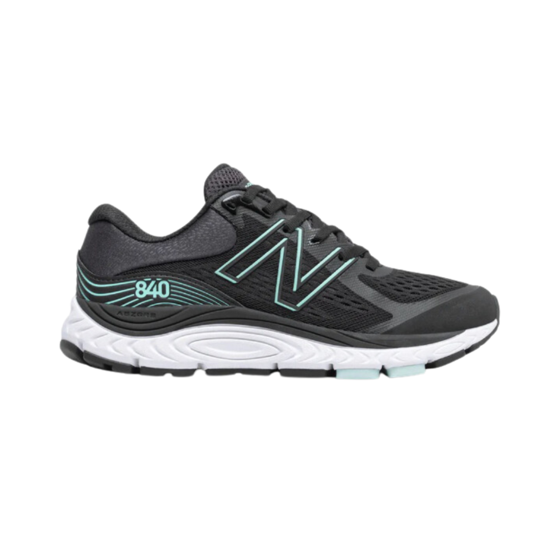 Side view of Women’s New Balance 840v5 athletic shoe in black, teal, and white – featuring mesh and synthetic upper for breathability, cushioned midsole for comfort, and rubber outsole for traction and durability.