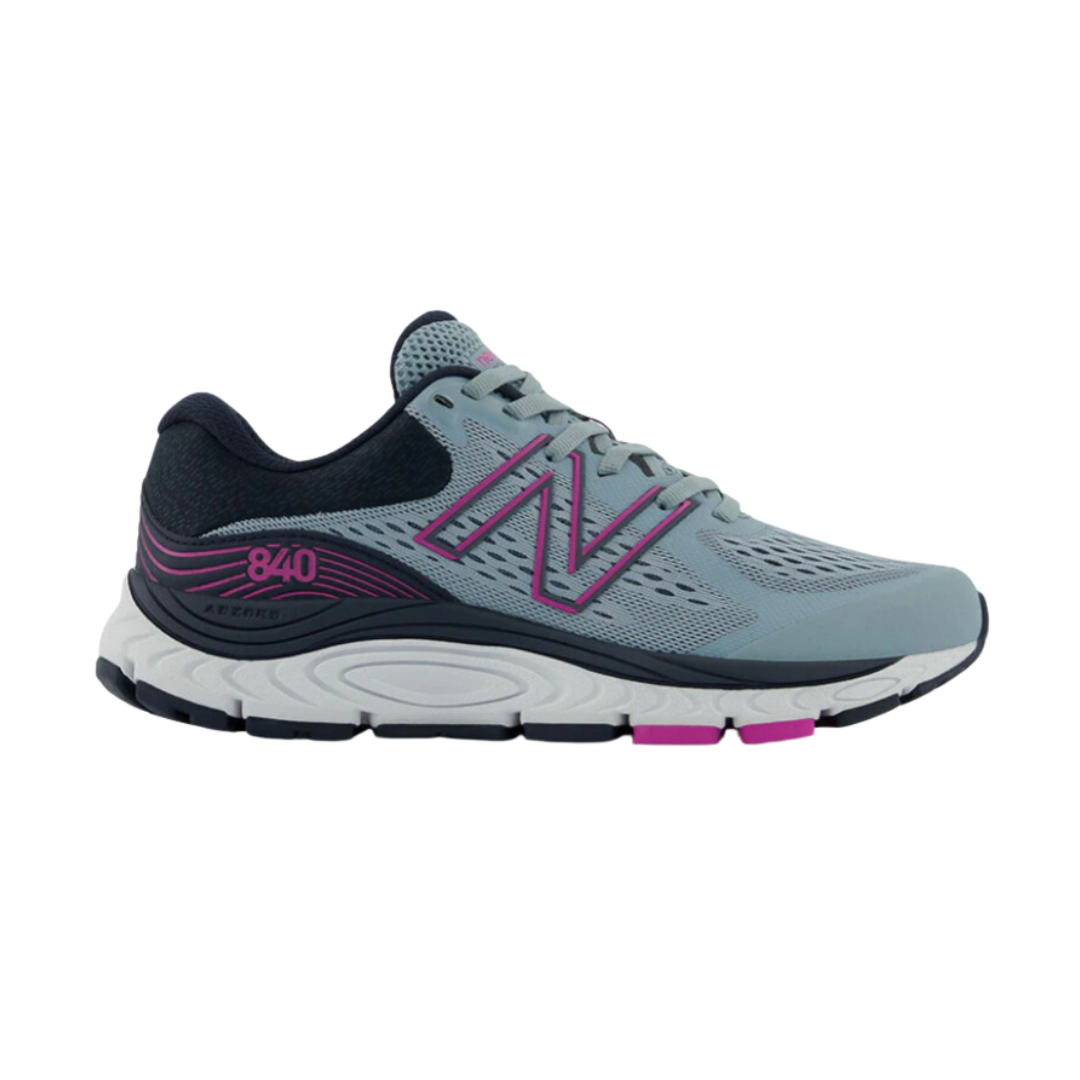 Side view of Women’s New Balance 840v5 athletic shoe in blue grey, magenta, black, and white – featuring breathable mesh and synthetic upper, cushioned midsole, durable outsole, and vibrant multi-color accents.