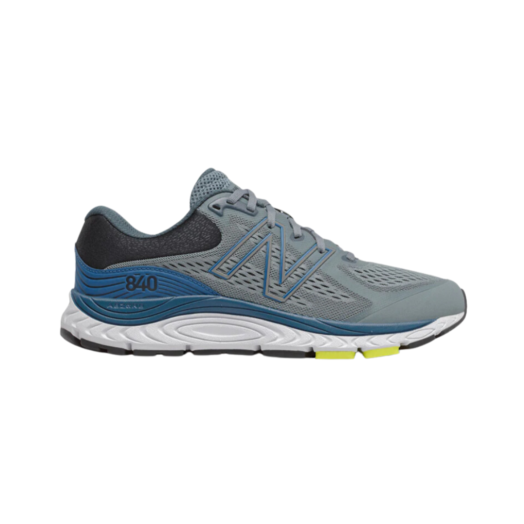 Side view of Men's New Balance 840v5 athletic shoe in grey, blue, white, and black – featuring mesh and synthetic upper, cushioned midsole for comfort, flexible rubber outsole, and contrast color accents.