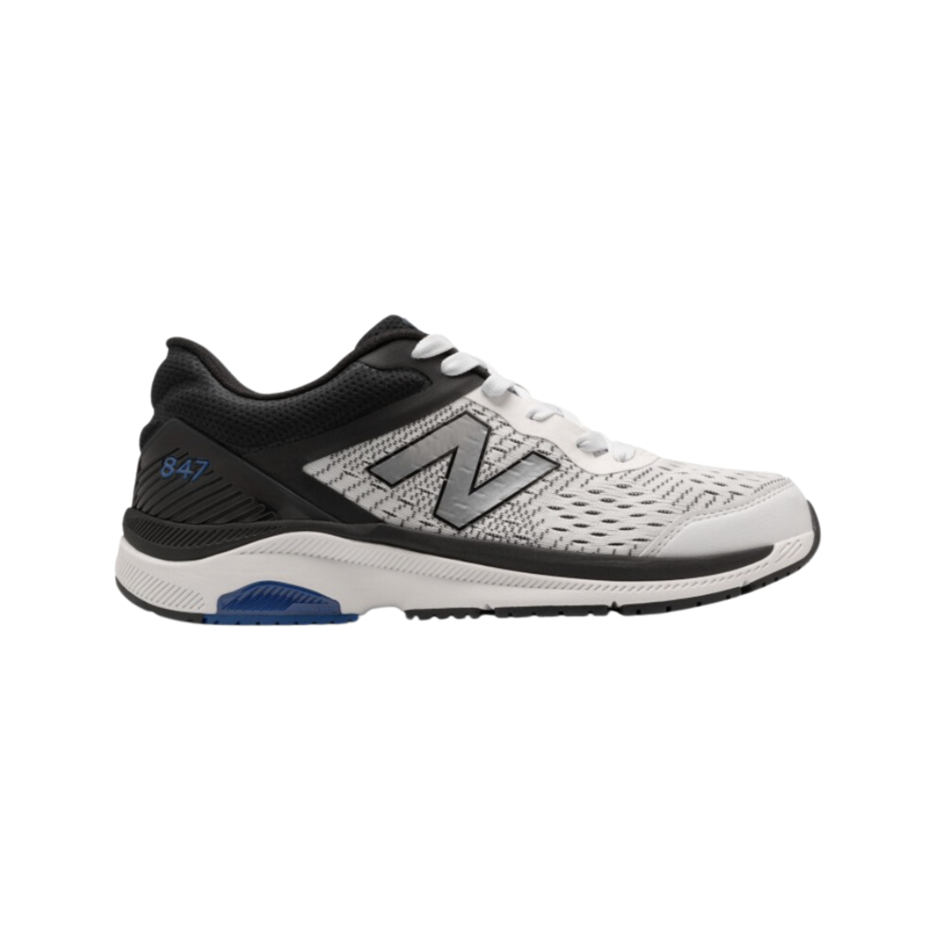 Side view of Men’s New Balance 847v4 athletic shoe in white, black, and blue – featuring breathable mesh upper, cushioned midsole, durable rubber outsole, and bold color accents.