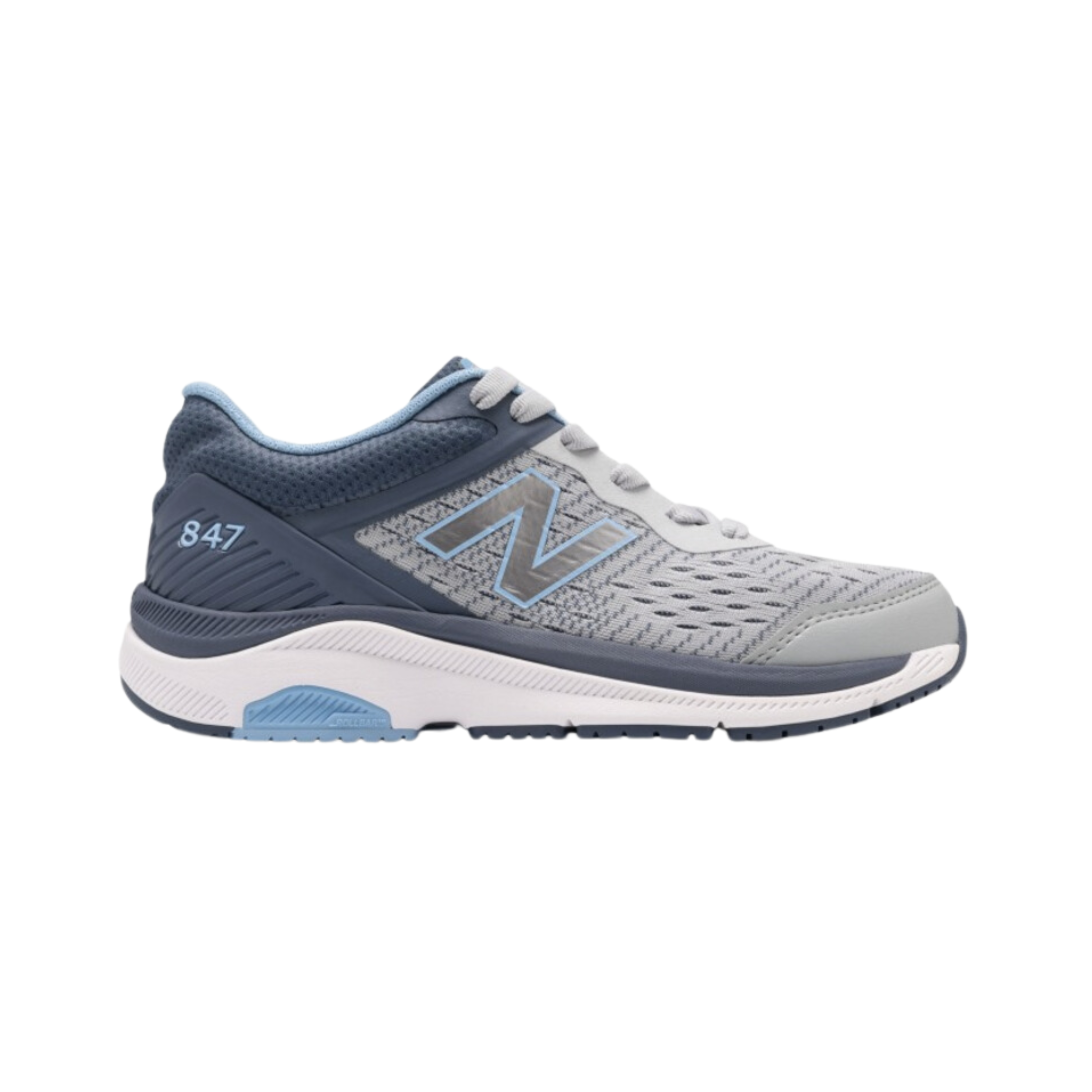 Side view of Women’s New Balance 847v4 athletic shoe in grey, blue, and white – featuring cushioned midsole, breathable mesh upper, durable outsole, and color accents.