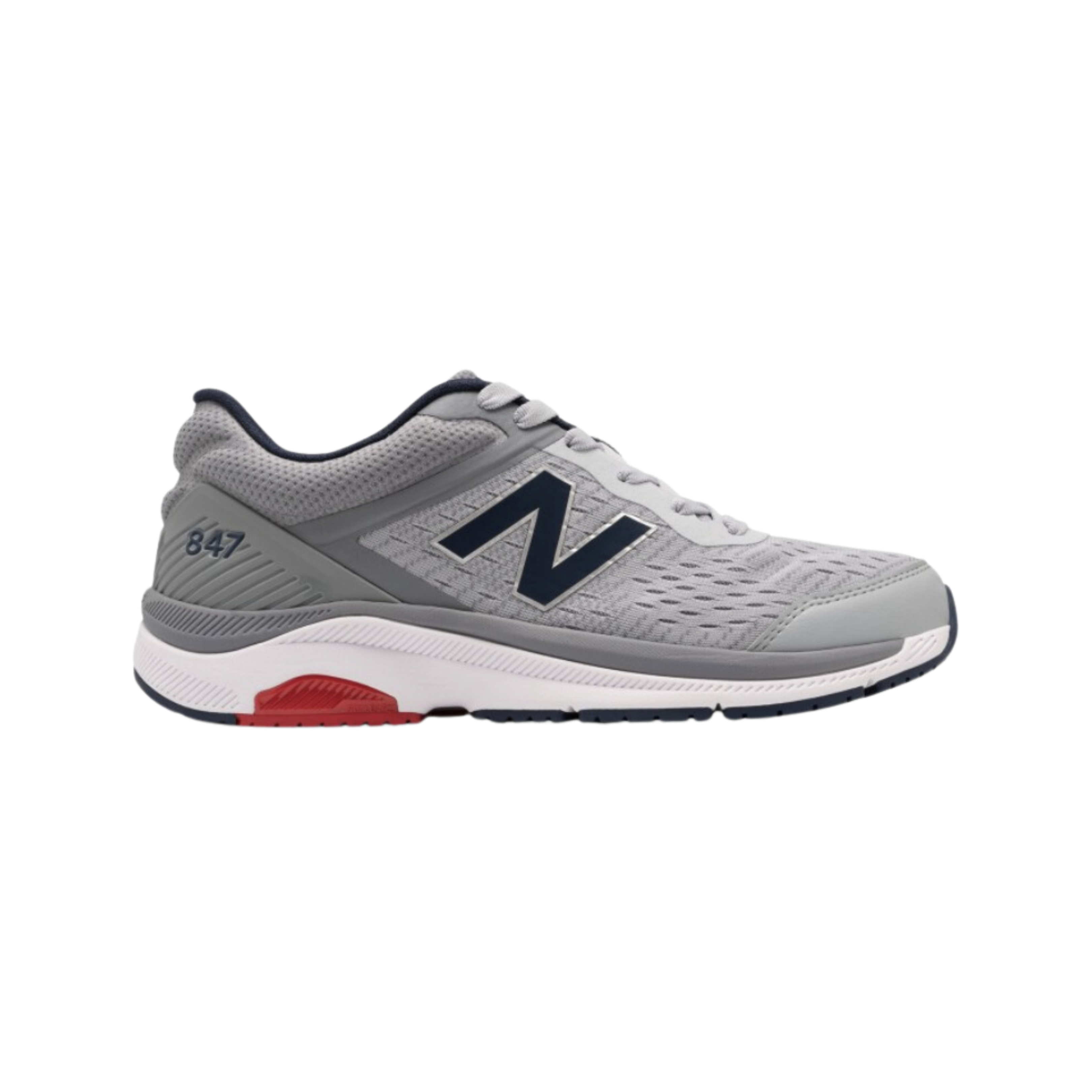 Side view of Men’s New Balance 847v4 athletic shoe in grey, black, red, and white – featuring mesh upper with synthetic overlays, cushioned midsole for support, durable rubber outsole, and bold color detailing.