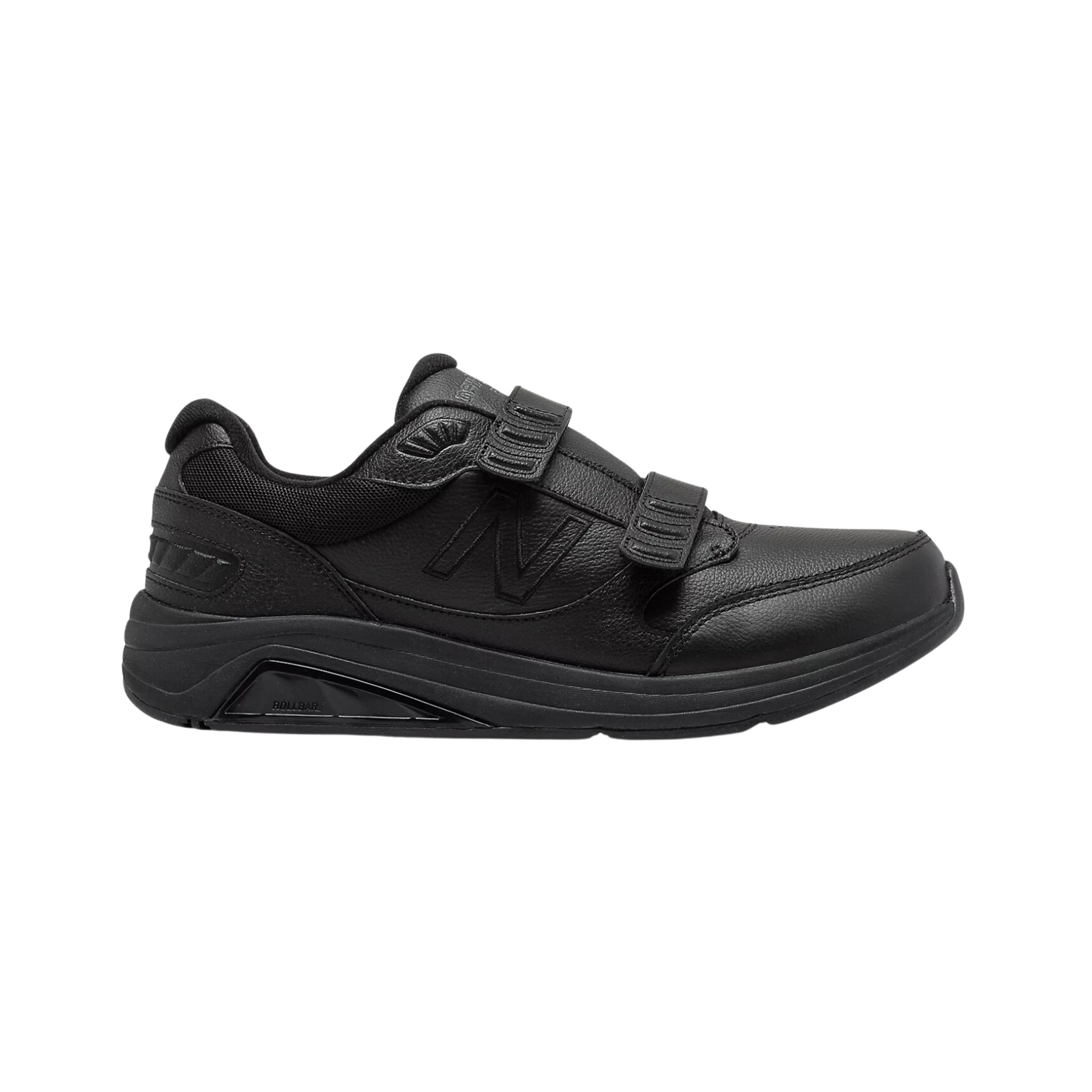 Side view of Men’s New Balance 928v3 hook and loop 2-strap velcro athletic shoe in all black – featuring adjustable straps, cushioned midsole, durable leather upper, and slip-resistant outsole.