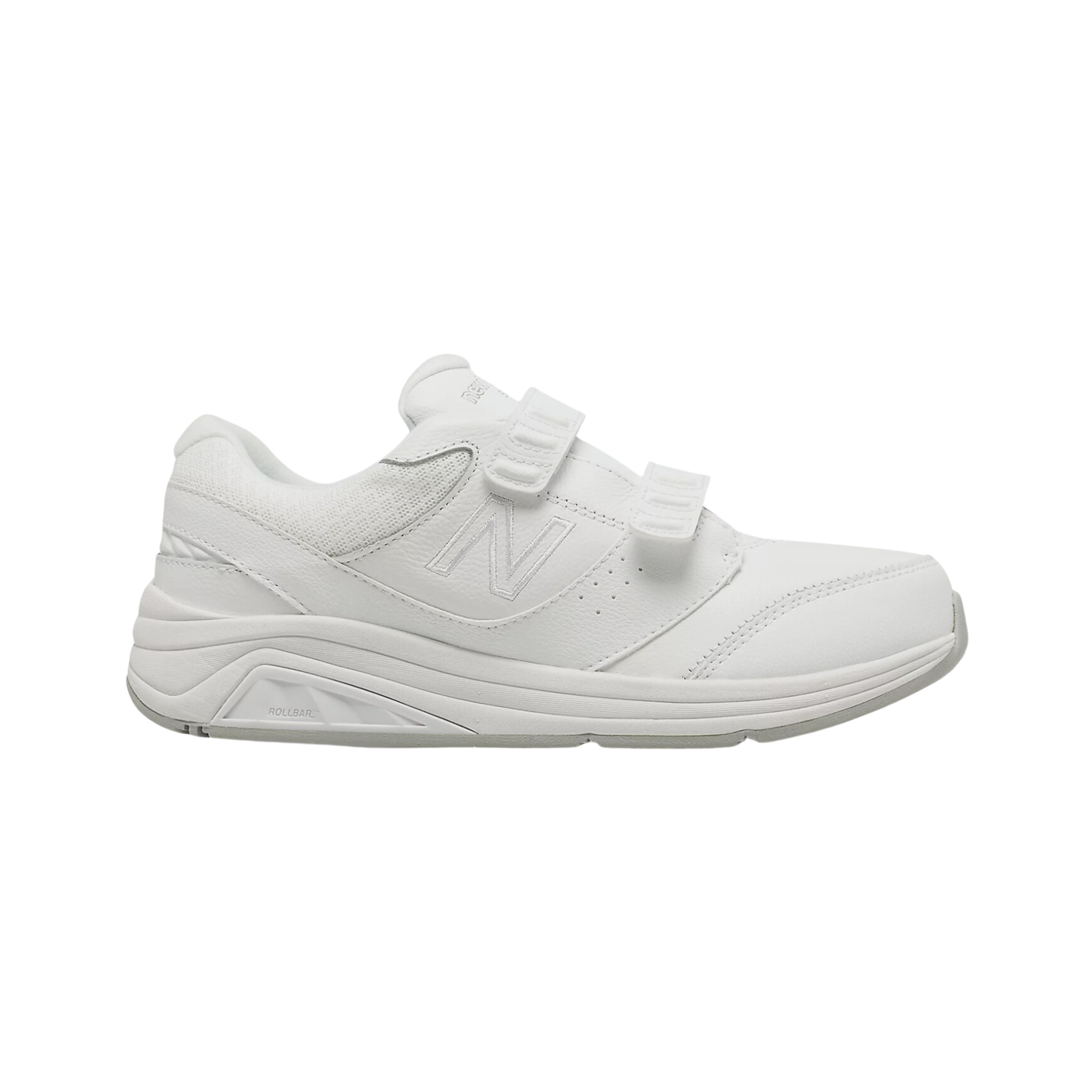 Side view of Women’s New Balance 928v3 hook and loop velcro strap athletic shoe in all white – featuring breathable white mesh and synthetic upper, supportive cushioned midsole for comfort during all-day wear, hook and loop straps for adjustable fit, and durable outsole engineered for traction and stability.