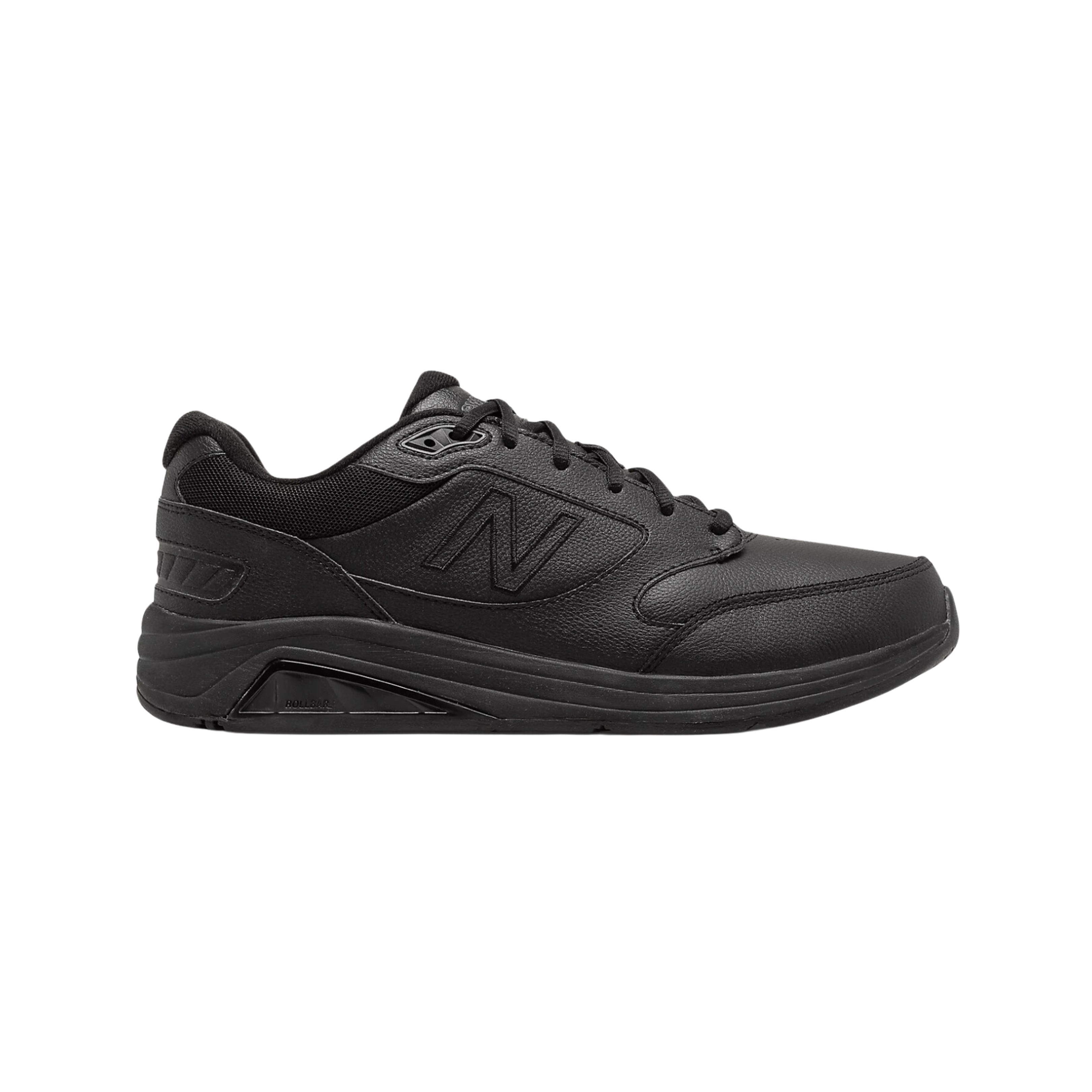 Side view of Men’s New Balance 928v3 athletic shoe in all black – featuring premium leather upper for support and style, ABZORB midsole cushioning for shock absorption, hook-and-loop closure for adjustability, and a sturdy rubber outsole.