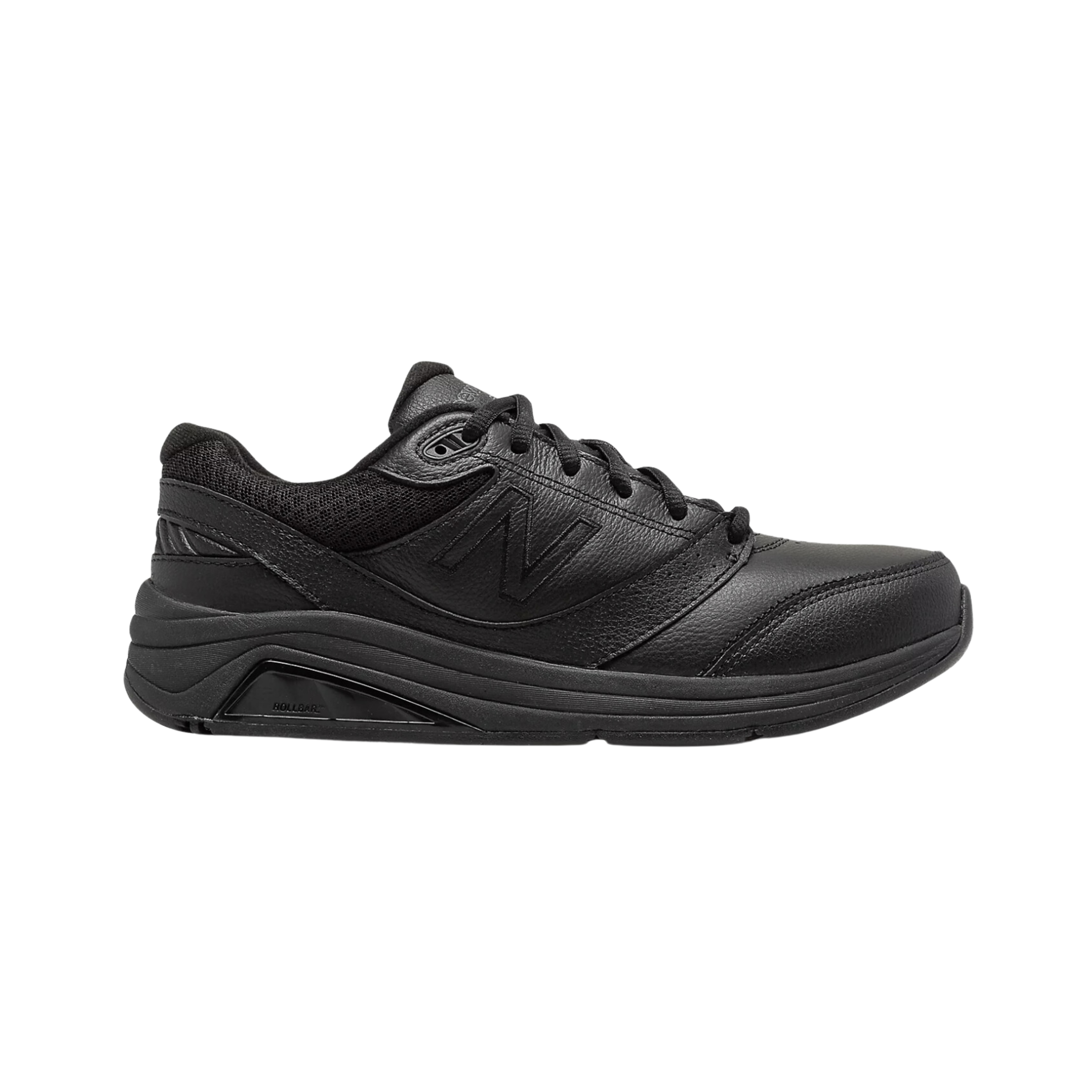 Side view of Unisex New Balance 928v3 athletic shoe in all black – featuring leather upper, adjustable hook and loop straps, cushioned midsole, and durable outsole.