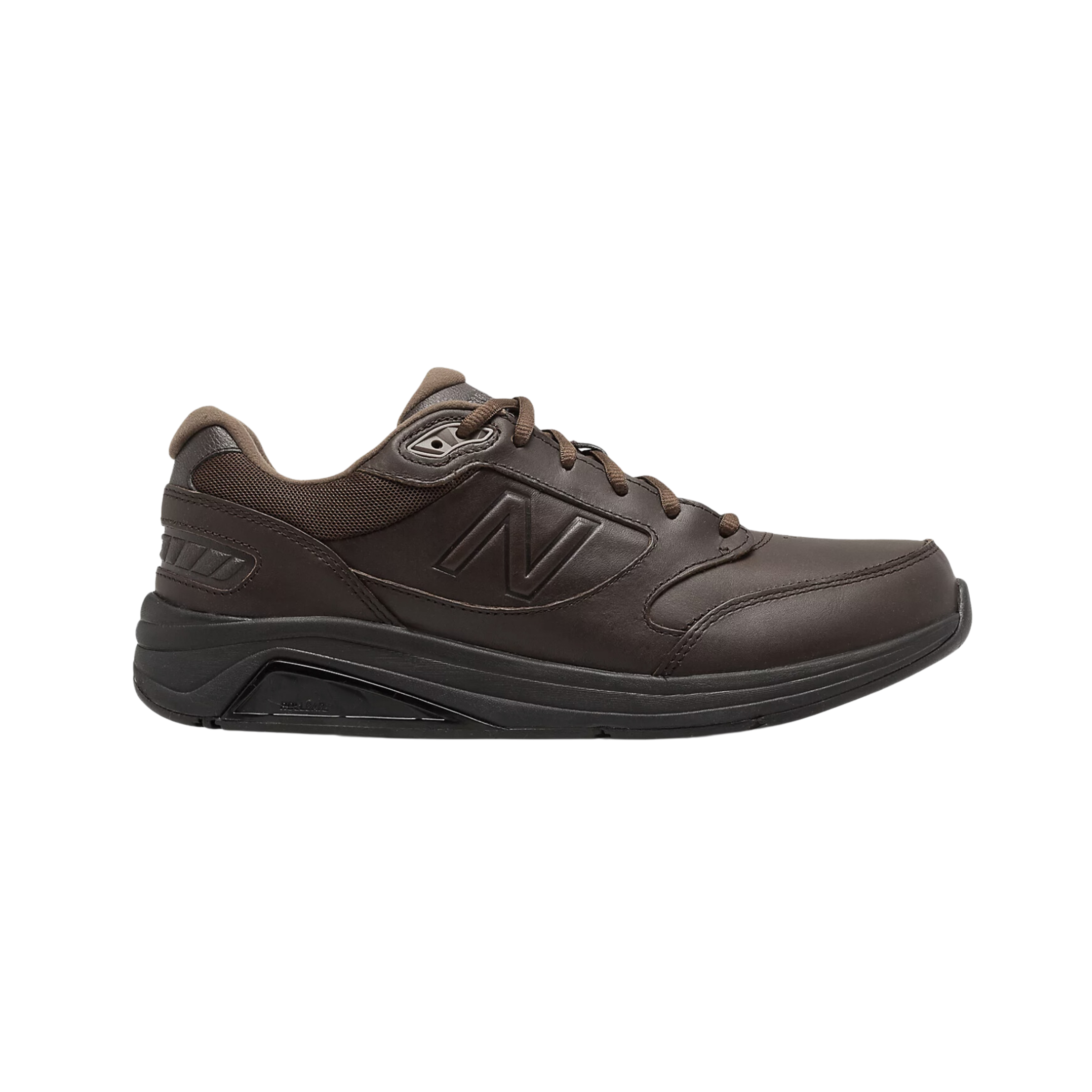 Side view of Men’s New Balance 928v3 athletic shoe in all brown – featuring leather upper, hook and loop straps, supportive cushioned midsole, and durable outsole.