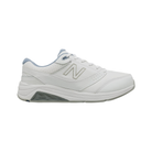 Side View of Women’s New Balance 928v3 walking shoe in white with blue – featuring a motion-control midsole, ABZORB cushioning for shock absorption, and a supportive heel counter to promote alignment and reduce overpronation.