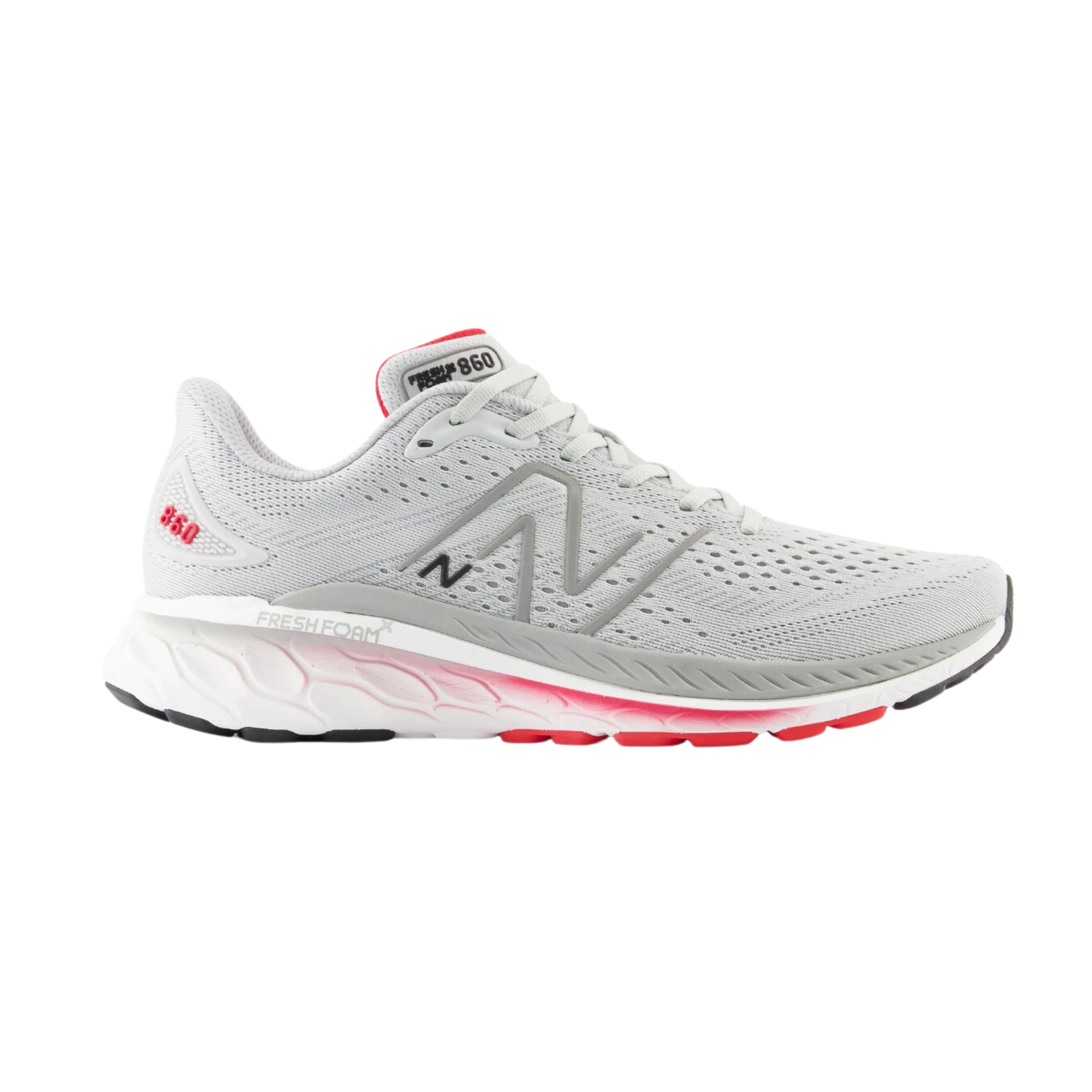 Side view of Men’s New Balance Fresh Foam x 860v13 athletic shoe in grey, red, and white – featuring mesh upper, Fresh Foam midsole cushioning, durable outsole, and vibrant color accents.