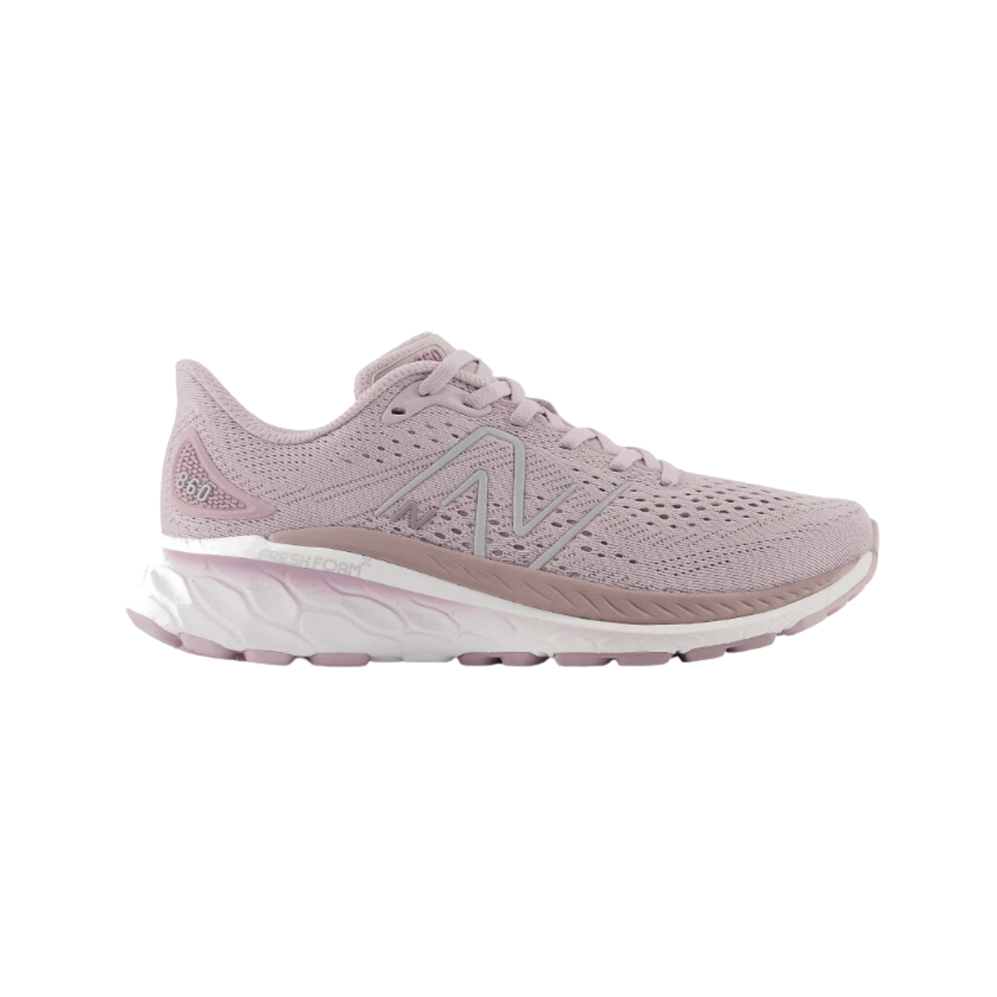 Side view of Women’s New Balance Fresh Foam x 860v13 athletic shoe in light pink and white – featuring Fresh Foam midsole cushioning, breathable knit upper, durable outsole for traction, and reflective accents for visibility.