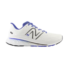 Side view of Men’s New Balance Fresh Foam x 860v13 athletic shoe in white, blue, and black – featuring lightweight mesh upper, Fresh Foam cushioning for a responsive ride, supportive overlays, and durable outsole for traction.