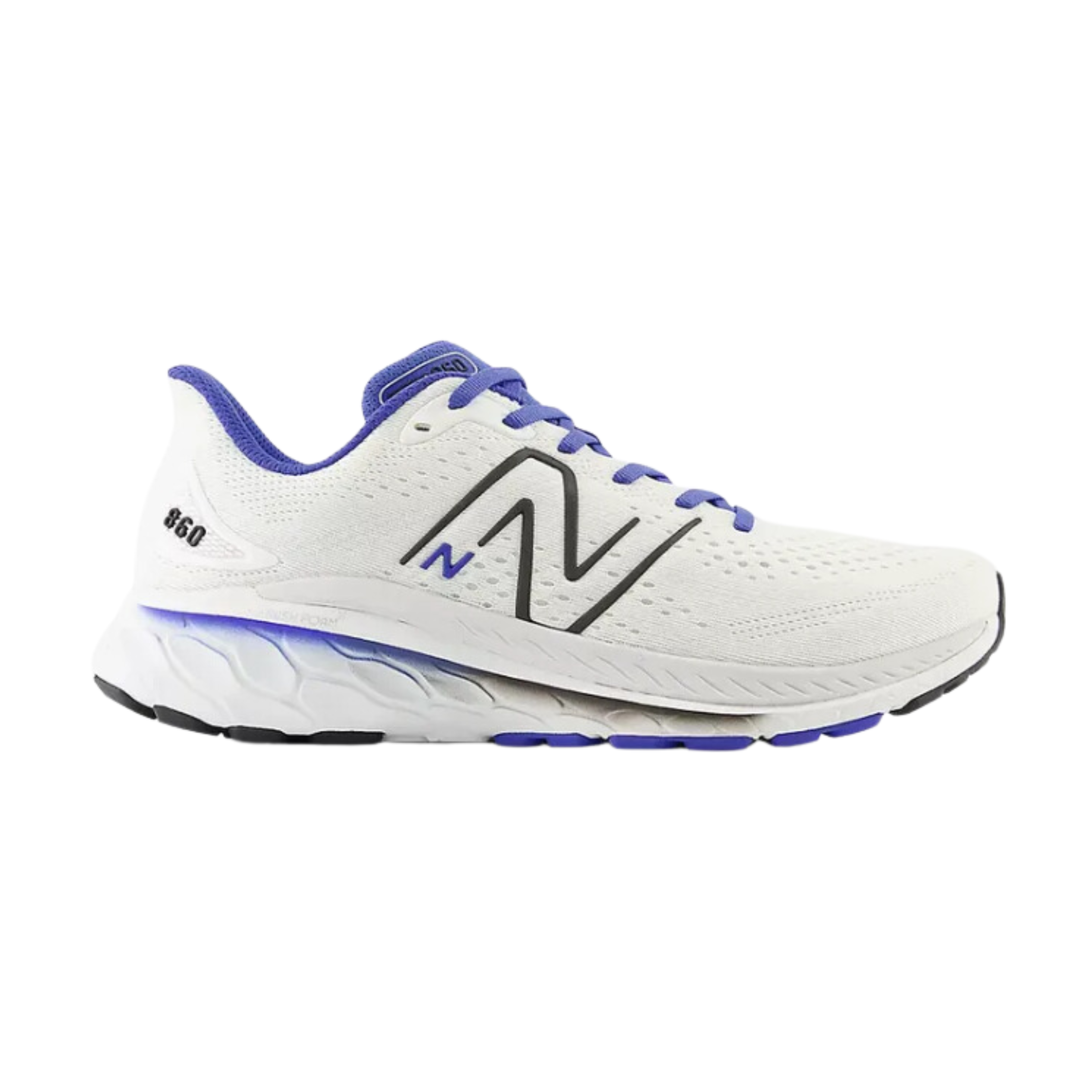 Side view of Men’s New Balance Fresh Foam x 860v13 athletic shoe in white, blue, and black – featuring lightweight mesh upper, Fresh Foam cushioning for a responsive ride, supportive overlays, and durable outsole for traction.