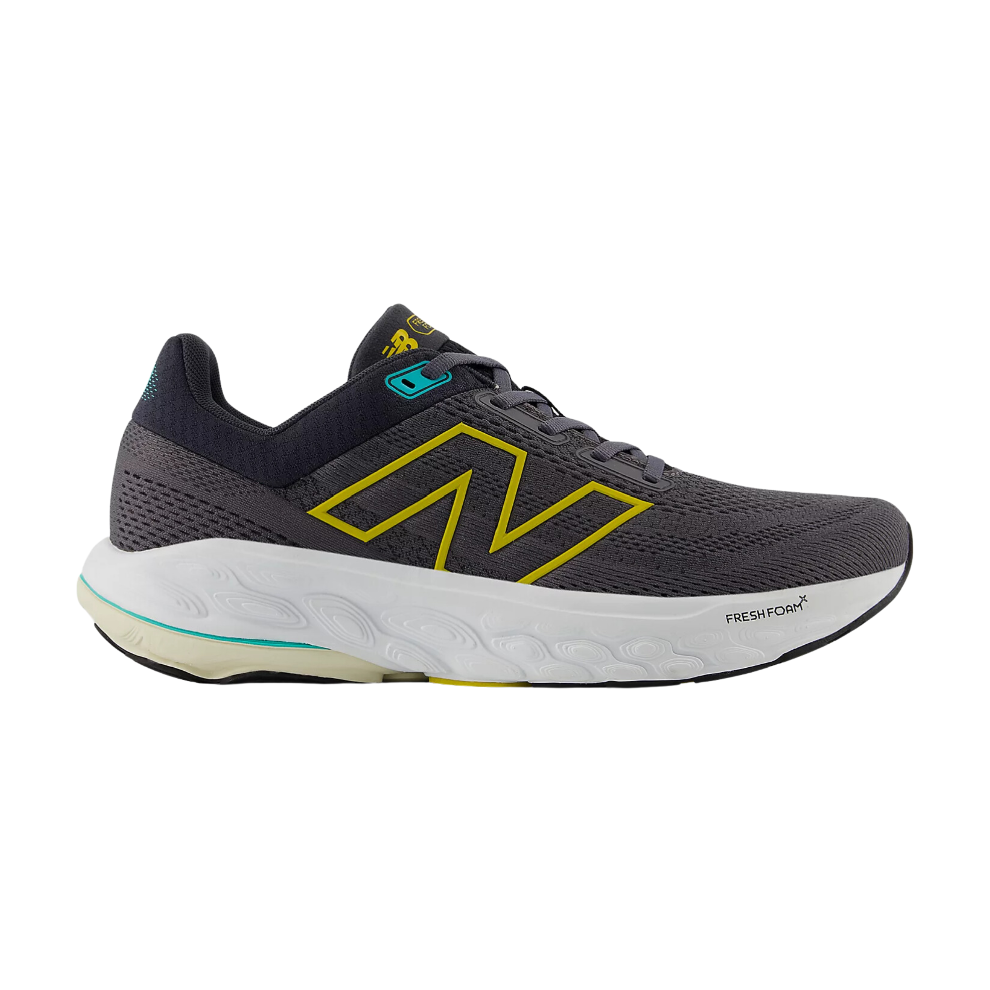 Side view of Men’s New Balance Fresh Foam x 860v14 athletic shoe in grey, yellow, and white – featuring a breathable engineered mesh upper, Fresh Foam midsole for soft, responsive cushioning, secure lace-up closure, and a rubber outsole designed for durability and traction.