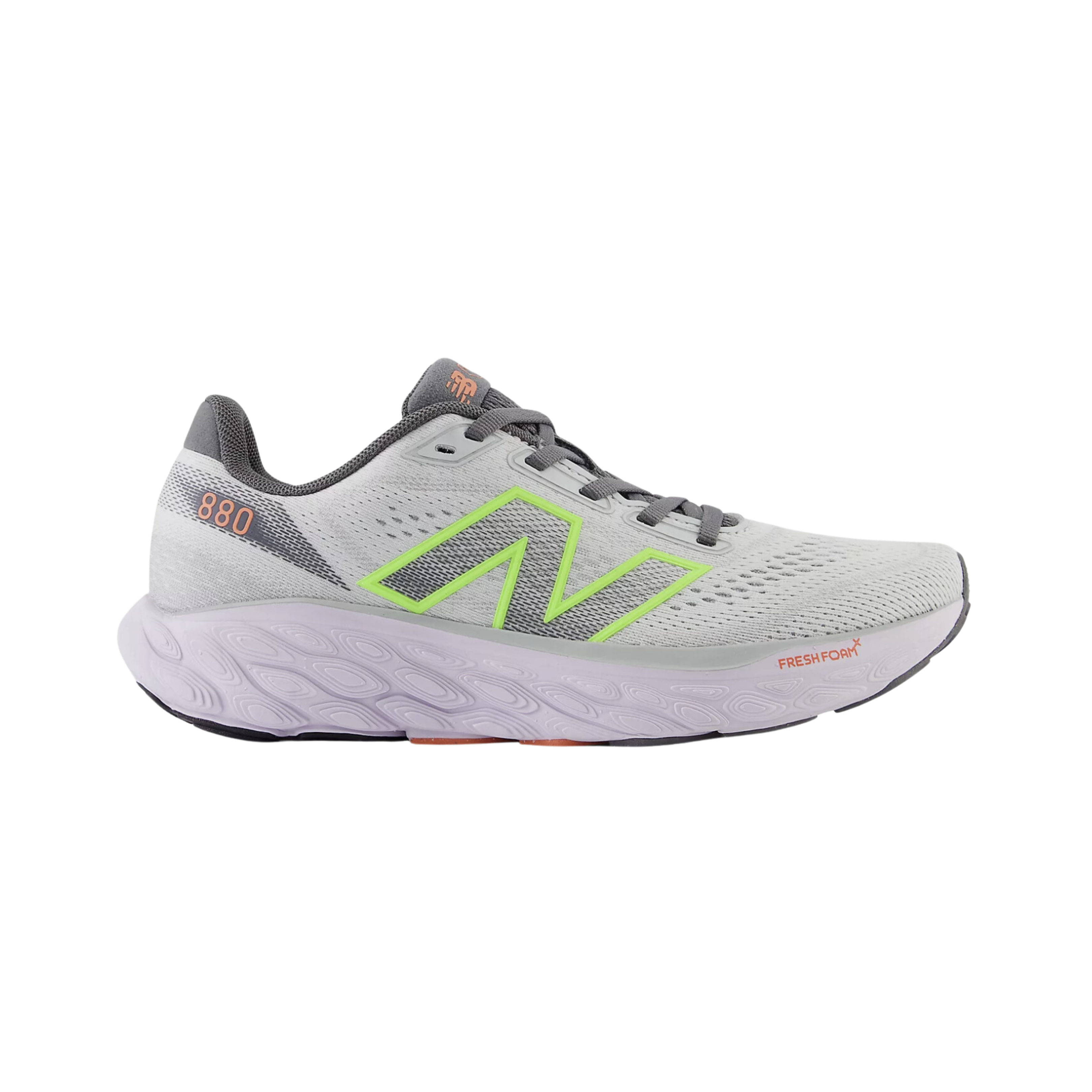 Side view of Women’s New Balance Fresh Foam x 880v14 athletic shoe in grey, light purple, and yellow – featuring breathable mesh upper, Fresh Foam midsole cushioning for soft and responsive ride, secure lacing system, and durable outsole designed for traction.