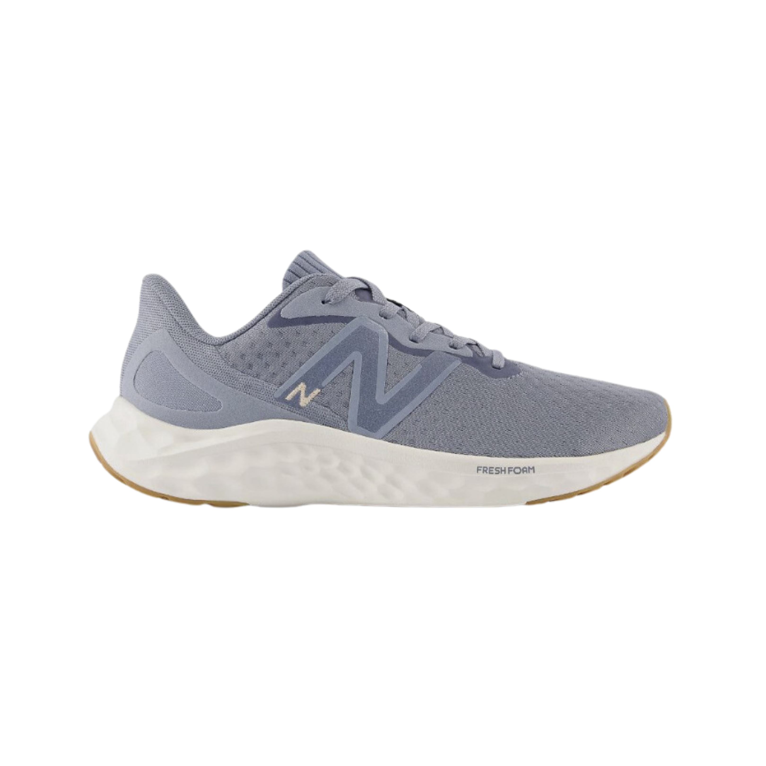 Side view of Women’s New Balance Fresh Foam x Arishi v4 athletic shoe in blue grey and white – featuring lightweight mesh upper, Fresh Foam midsole for comfort and cushioning, durable rubber outsole, and streamlined silhouette.