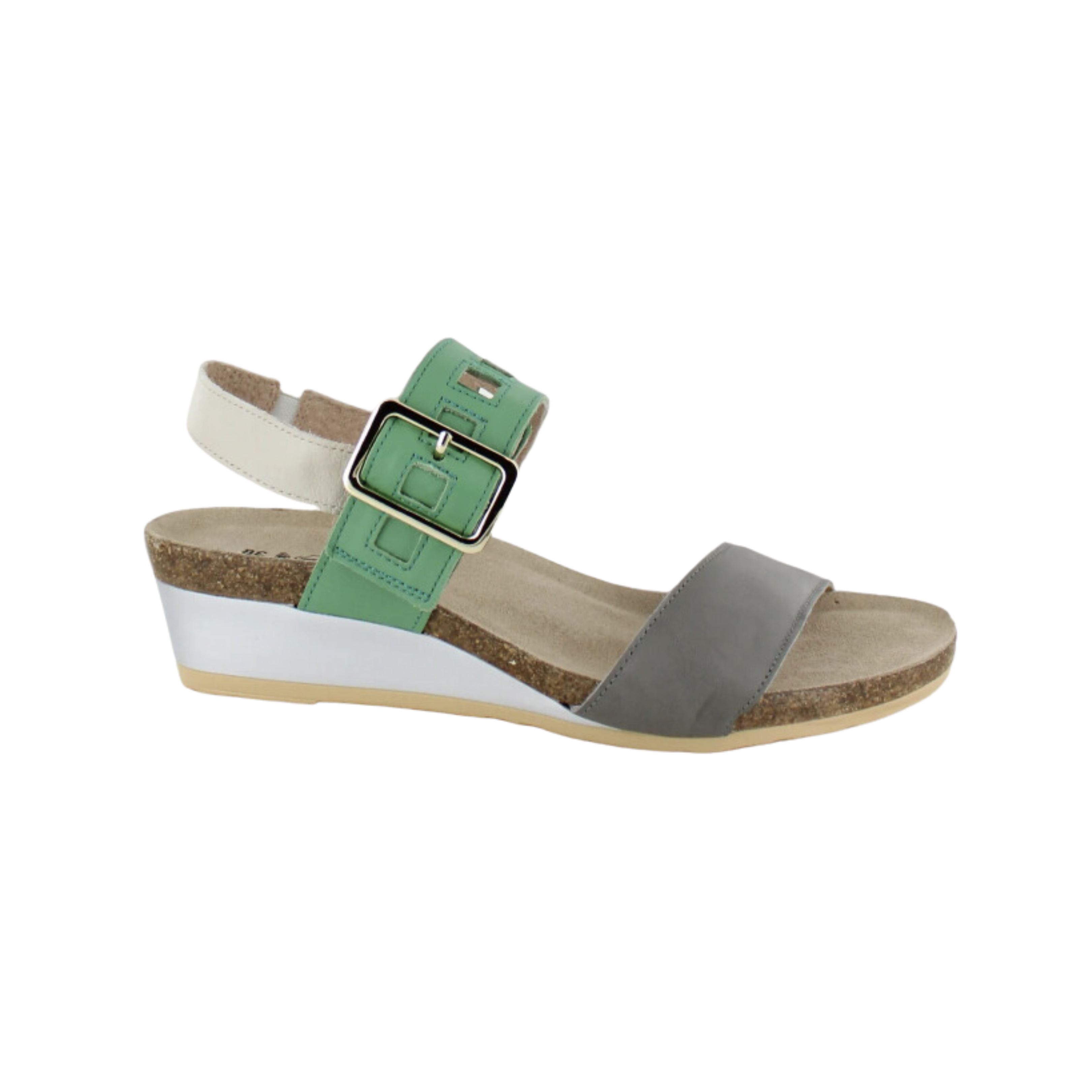 Side view of Women’s Dynasty in Foggy Gray/Soft Jade/Soft Ivory Leather – showcasing layered leather construction, soft pastel accents, and retro-inspired lines in a modern, feminine color palette.