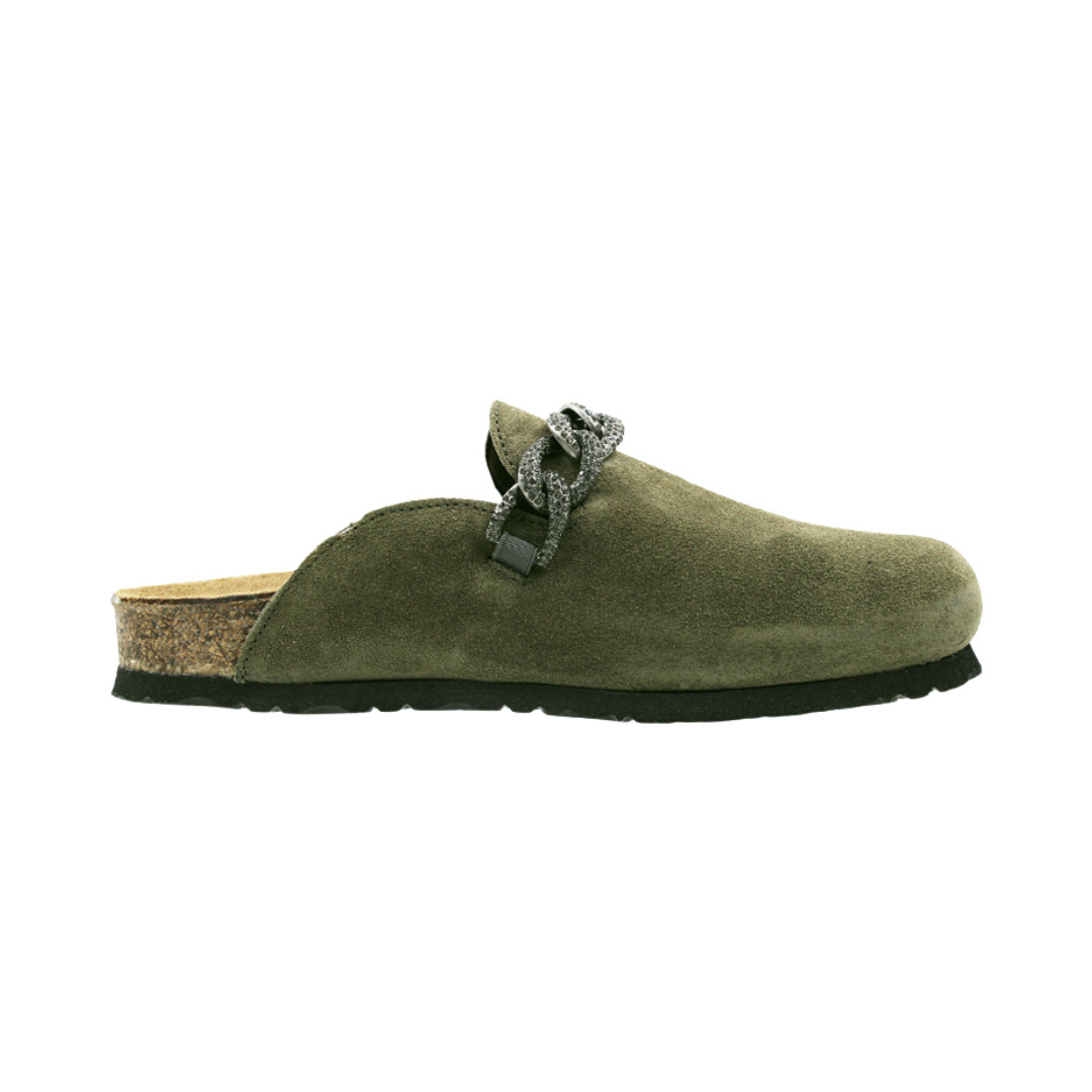 Side View of Women’s Naot Memphis shoe in olive suede – featuring a soft suede upper, a supportive contoured cork and latex footbed, and a lightweight, flexible sole for all-day walking comfort.