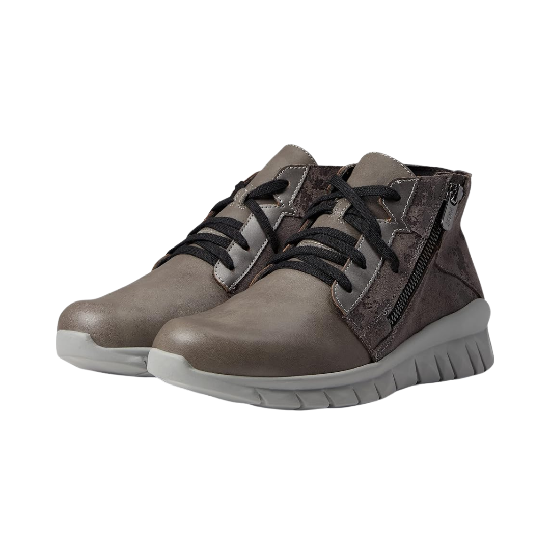 Side View of Women’s Naot Polaris shoe in foggy gray and gray marble – featuring a soft suede and leather upper, a cushioned cork and latex footbed for all-day comfort, and a slip-resistant flexible outsole for stability.