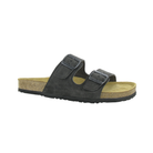 Side view of Men’s Santa Barbara in Oily Midnight – showcasing the natural cork-textured midsole, deep navy leather straps, and ergonomic design that blends relaxed style with supportive structure.
