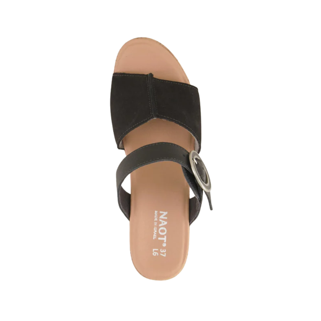 Top View of Women’s Naot Breezy shoe in black velvet and soft black leather – featuring a cushioned contoured footbed, slip-on style with stretch side goring, and a rounded toe for all-day comfort.