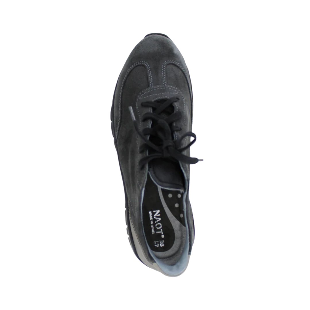 Top View of Women’s Naot Infinity sandal in midnight and foggy gray – featuring an open-toe design, supportive footbed for arch comfort, and smooth leather straps with subtle stitching.