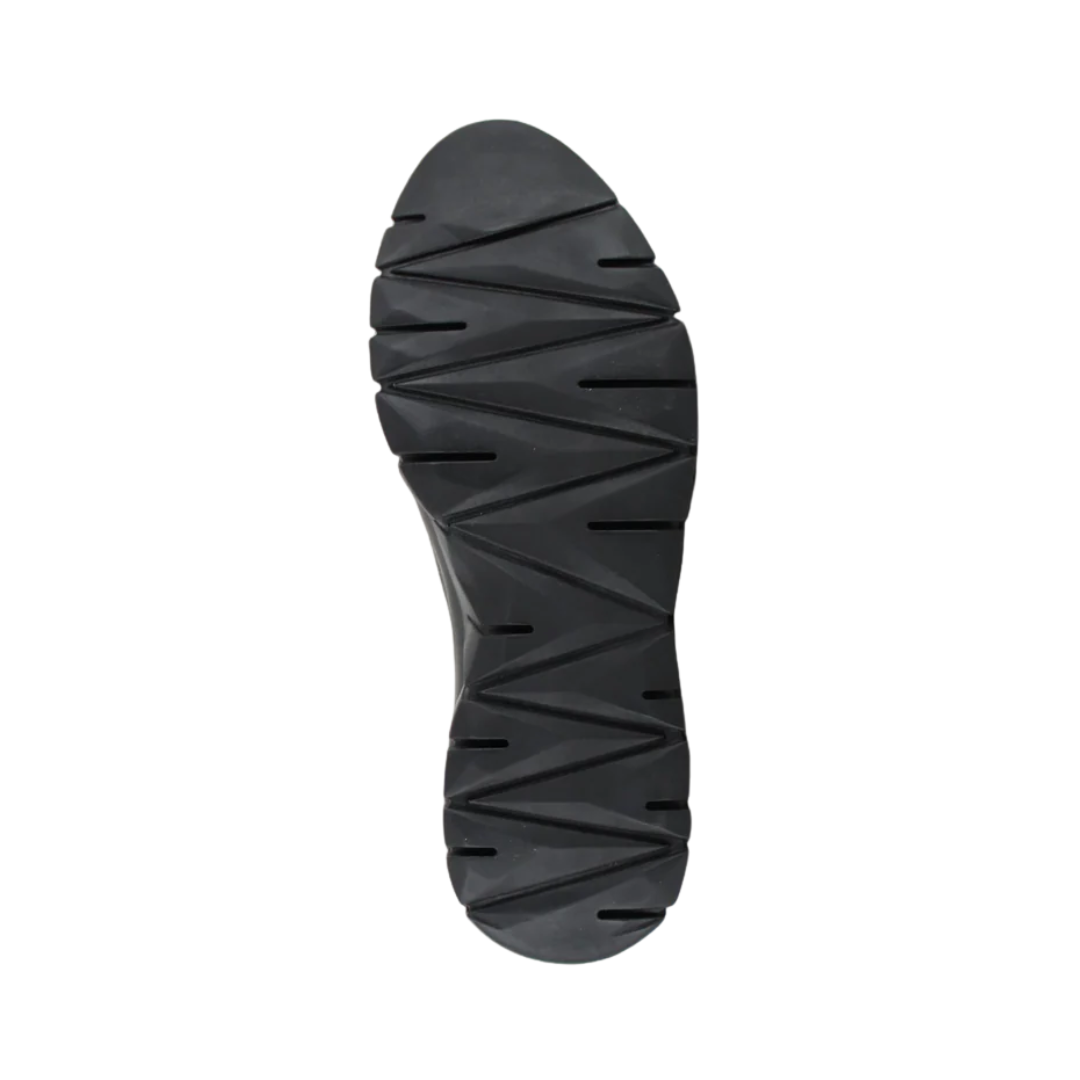 Bottom View of Women’s Naot Infinity sandal in midnight and foggy gray – featuring a slip-resistant rubber outsole, flexible tread, and a low wedge profile for stability.