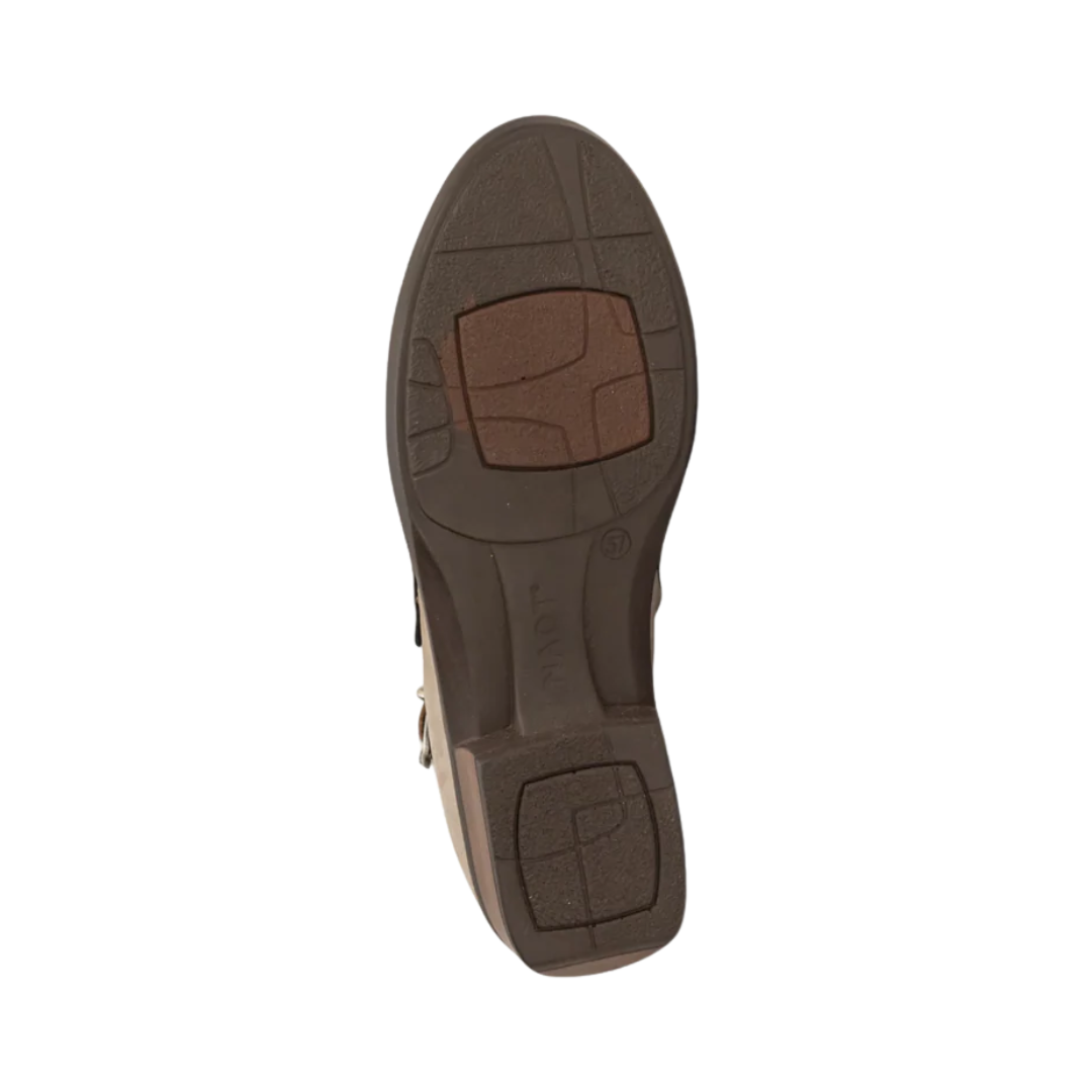 Bottom View of Women’s Naot Kasmin ankle boot in black raven stone and luggage brown – featuring a durable rubber outsole, traction pattern for stability, and lightweight flexible construction.